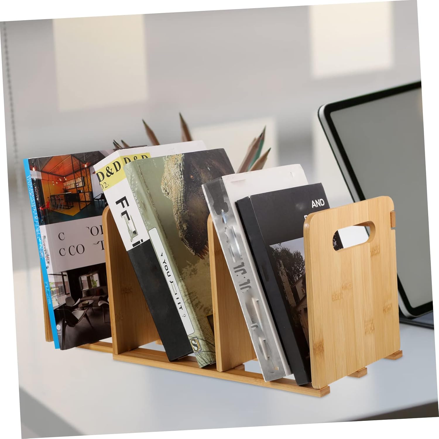 SHINEOFI Retractable Book Organizer Adjustable Multi-Function Bamboo Bookcase for Small Spaces Desktop Bookshelf Stand for Students and Home Office Use