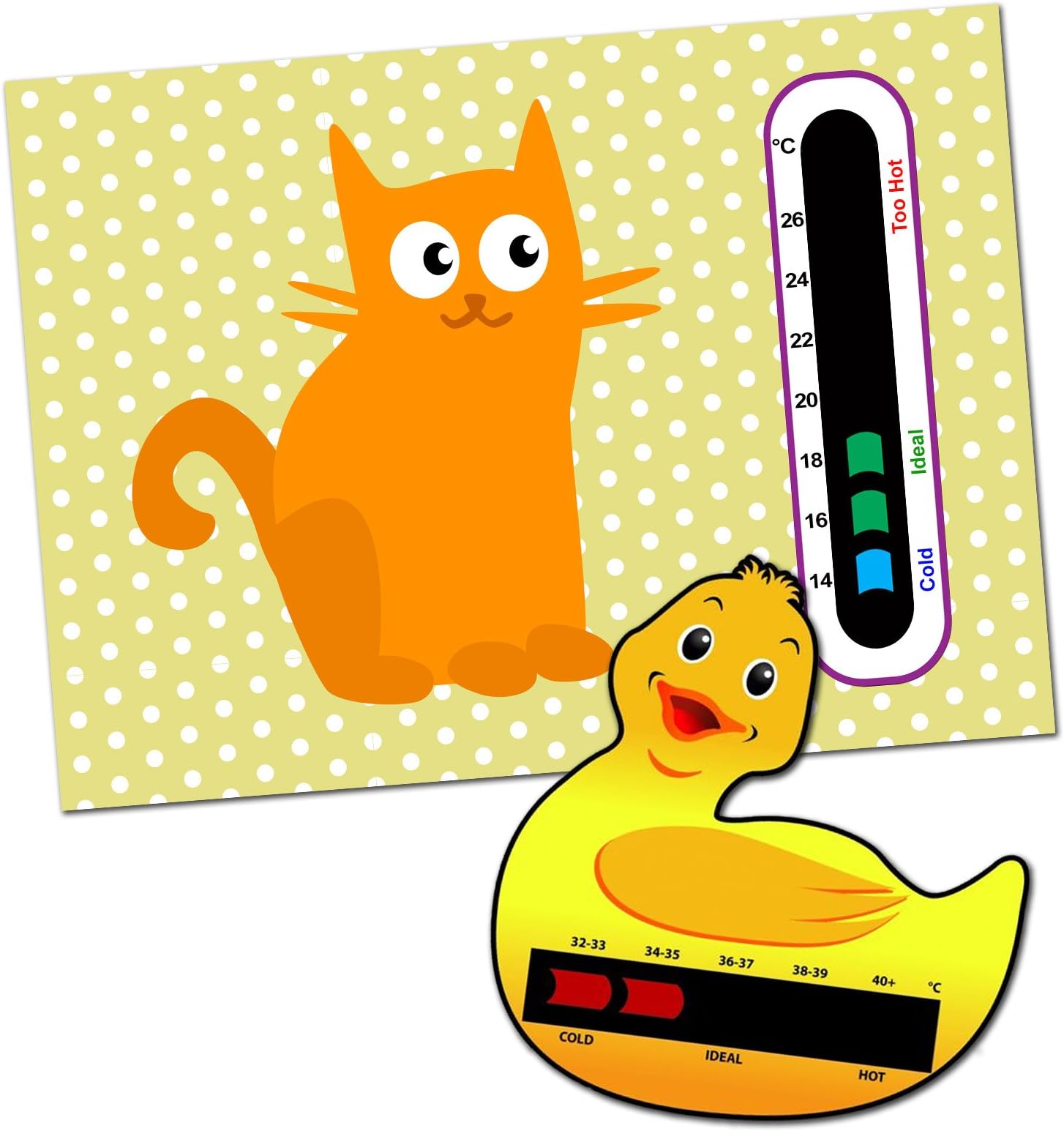 Baby and Child Home and Travel Thermometer Set to Monitor Temperature - Duck Baby Bath Thermometer & Cat Baby Room Nursery Thermometer