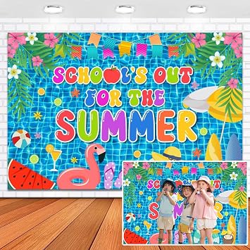 Summer Pool Party Backdrop 7x5ft Schools Out for the Summer Splish Splash Beach Pool End of School Year Background Banner Luau Aloha Party Decorations Photo Props Outdoor Vinyl