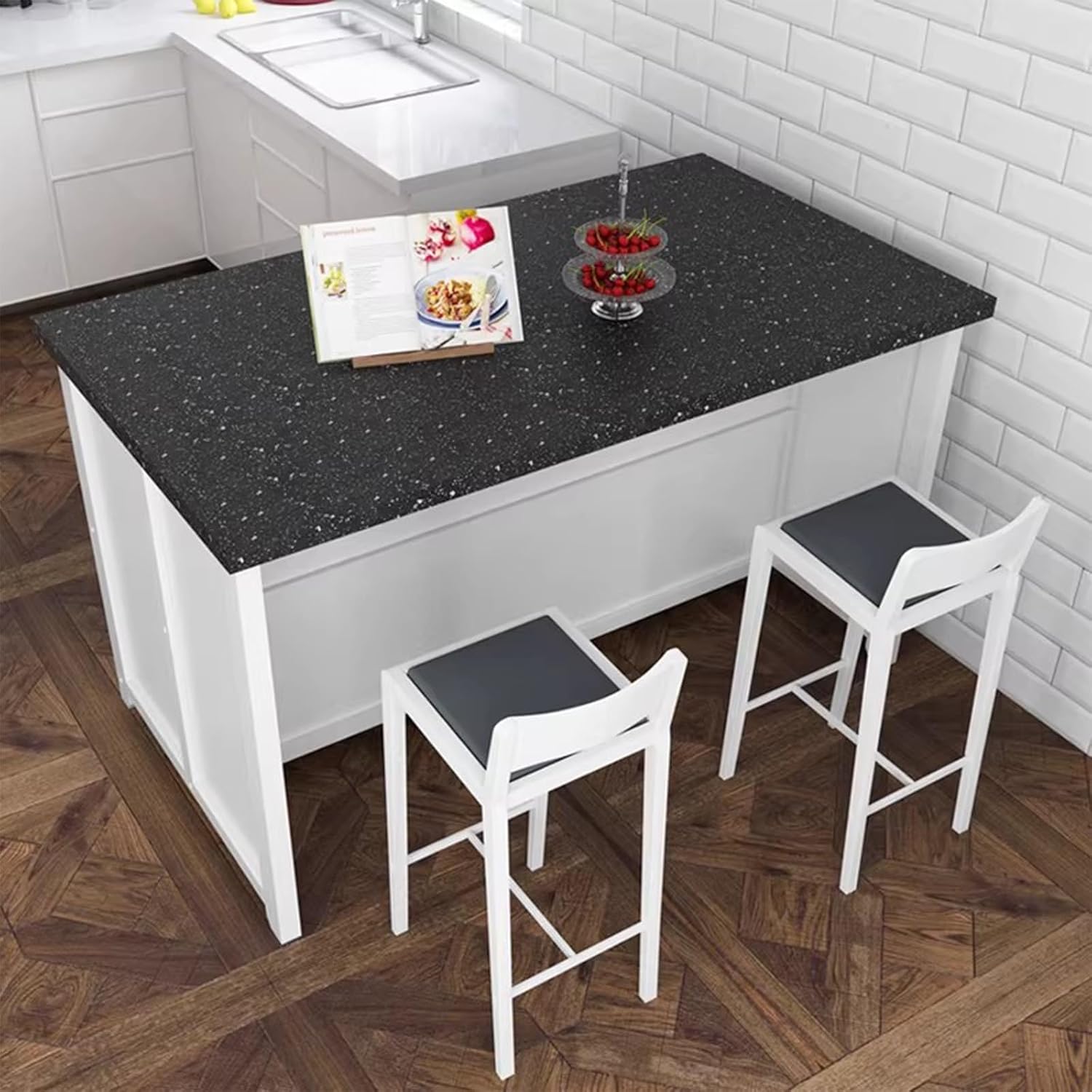 Storage Trolley White Wood Kitchen Island with Stone Countertop and Open Storage Shelves Shelving Organizer