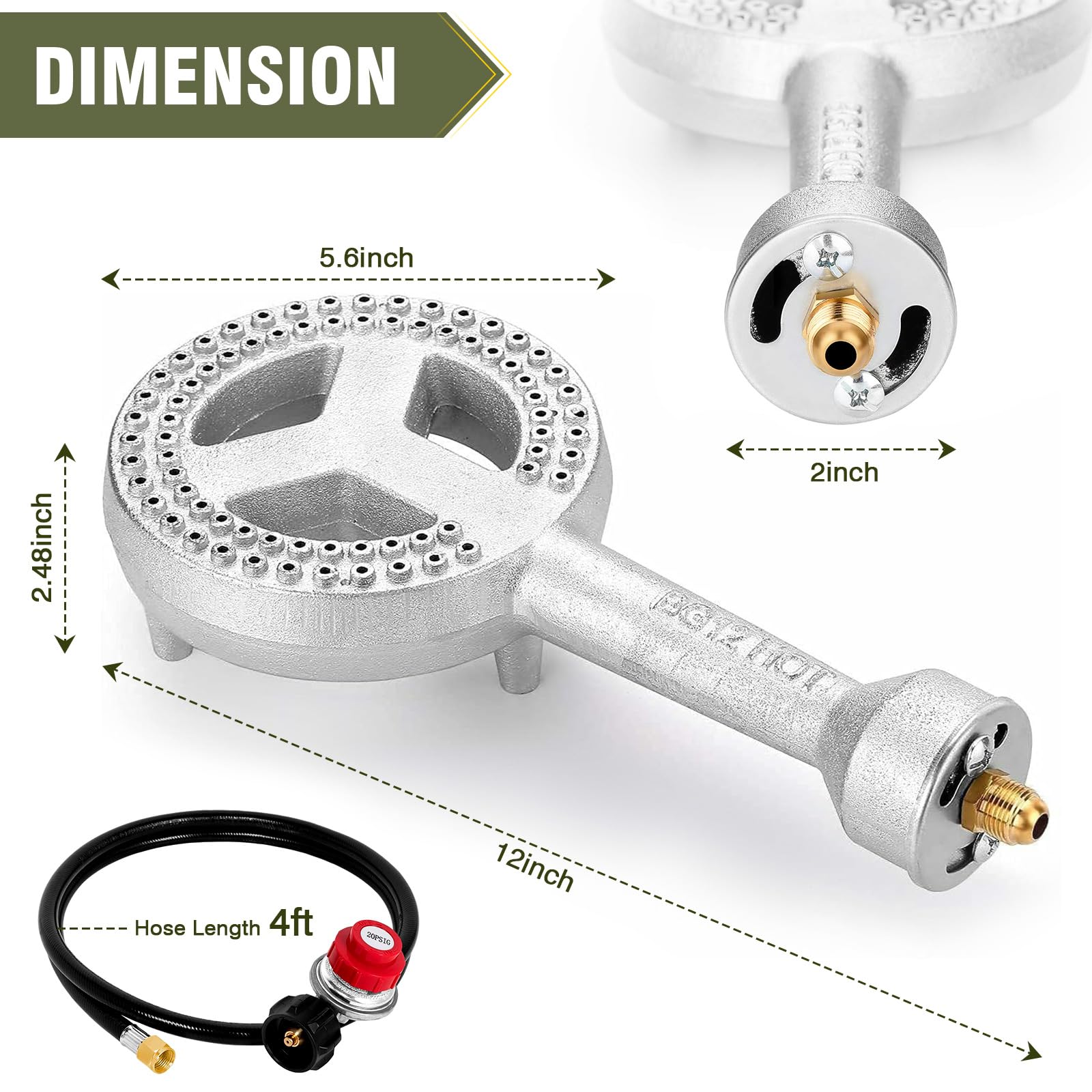 BESTFIRE High Pressure Cast-Iron Propane Burner Head,Round Burner Head with 20 PSIG Adjustable High Pressure Propane Regulator with Hose and Brass Fitting for Propane Burner Head for Cooking Outdoor