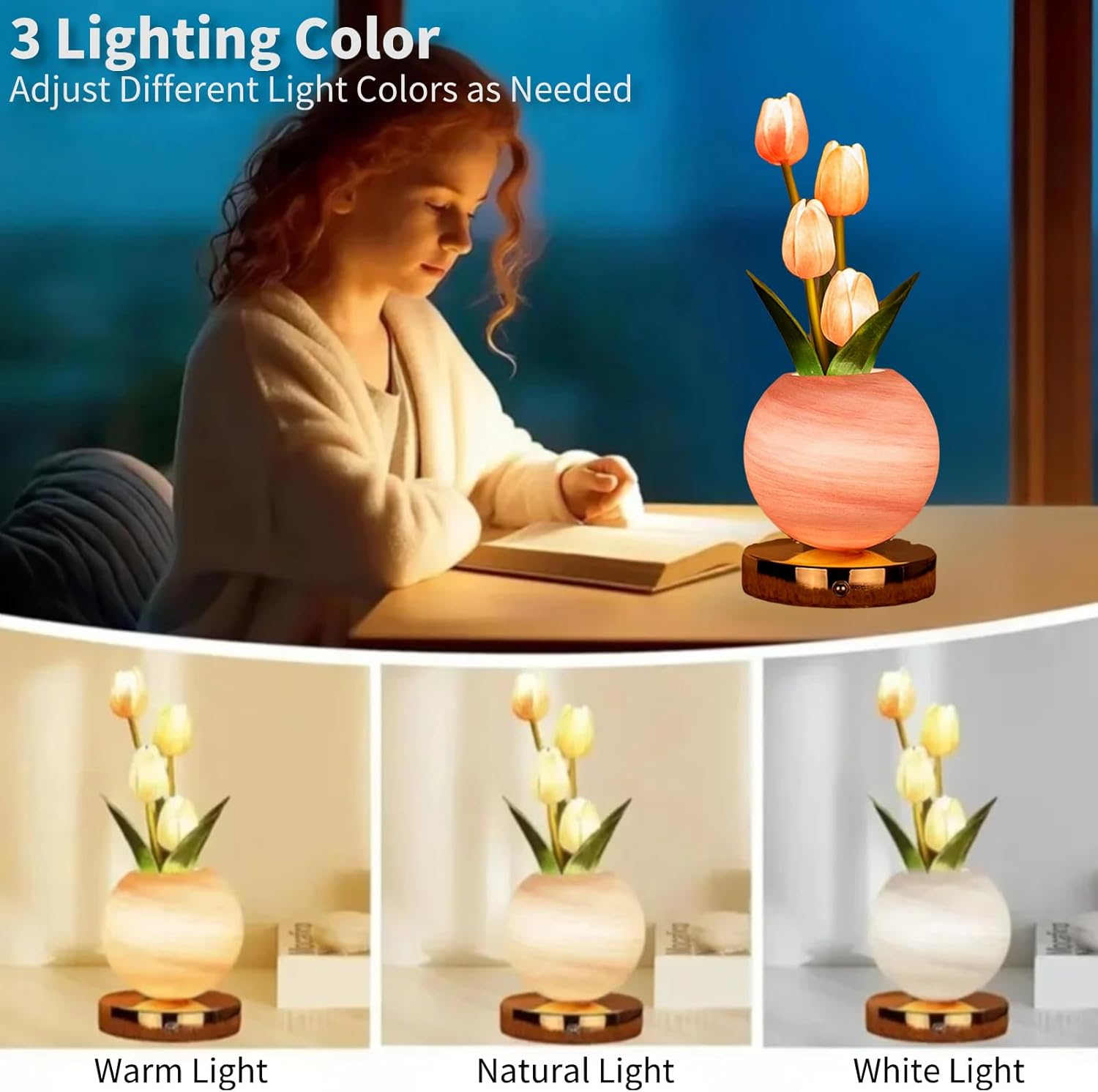 Tulip Table Lamp, Dimmable Touch Flower Bedside Lamp with 3 Color Temperatures USB Rechargeable Desk Lamp for Bedroom, Living Room,Girl Women Mom (Pink)