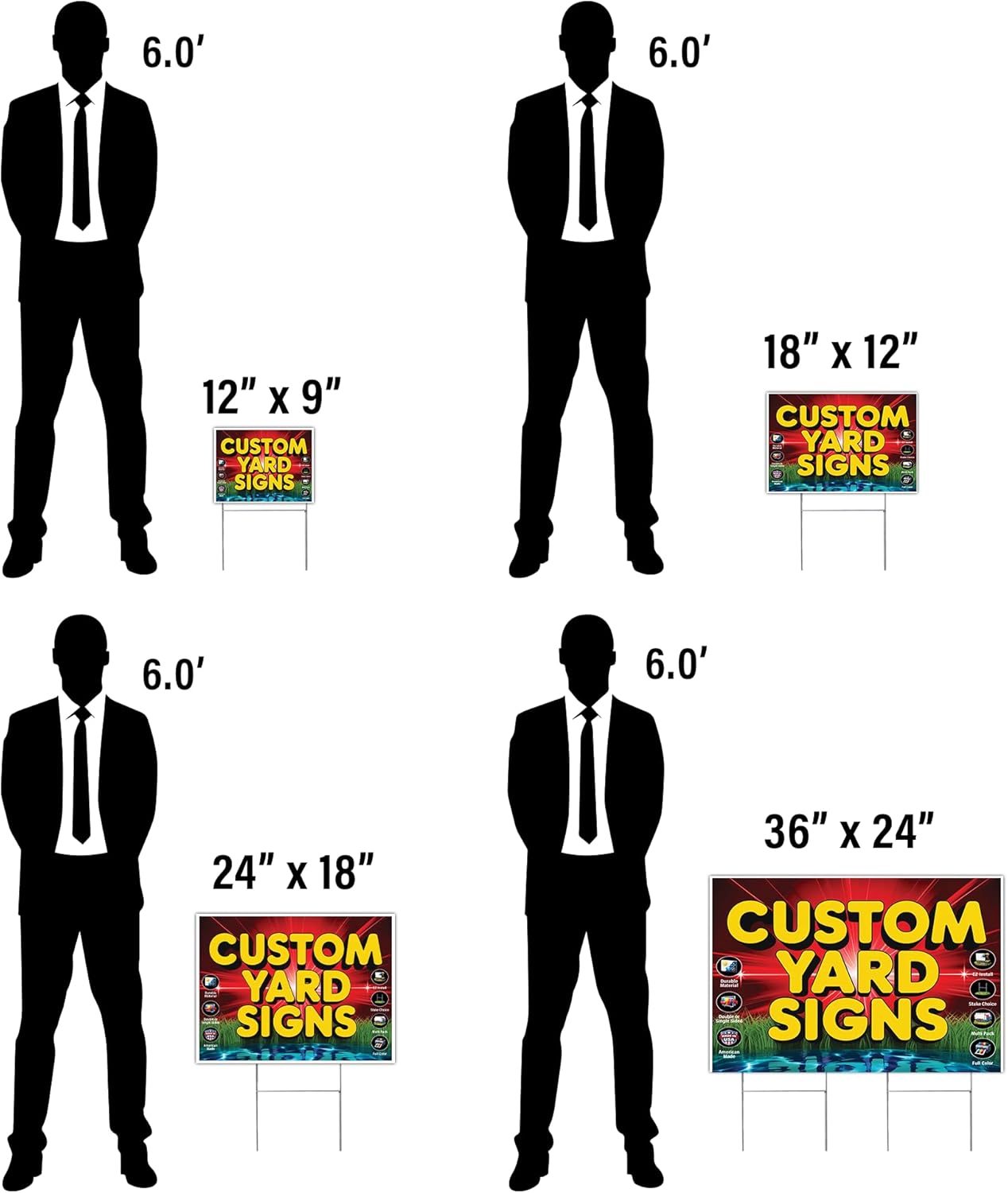 FIVE Pack of 24x18 inch Custom Yard Signs, Double and Single Sided Print, Metal H-Stakes, Durable 4mm Coroplast, Personalized Full Color Printing