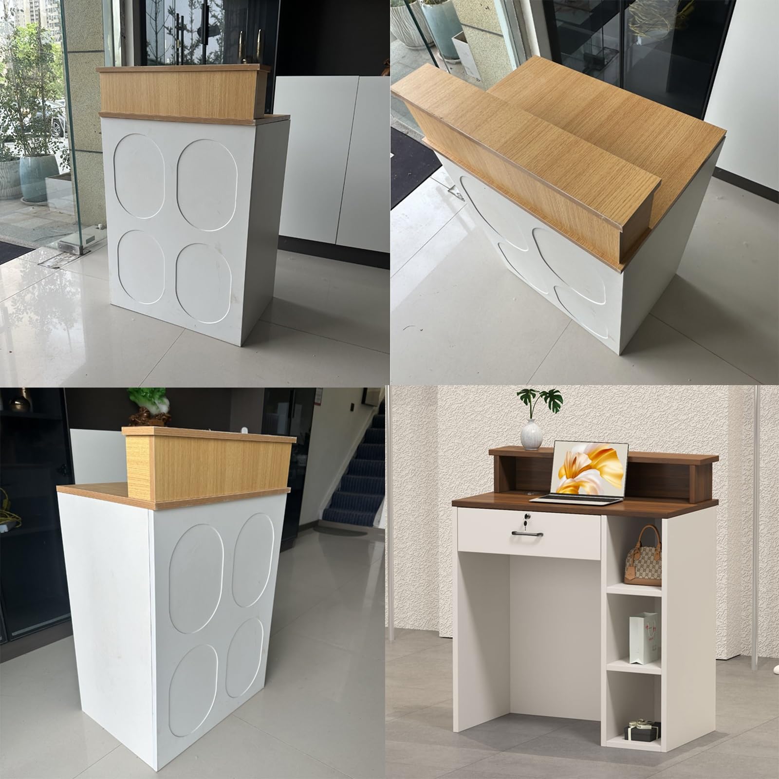 Nowoczesne drewniane biurko do sklepu odzieżowego dwuwarstwowa konstrukcja bezwonne drewno jodłowe zamykane szuflady zarządzanie kablami elegancka i funkcjonalna jednostka wystawowa