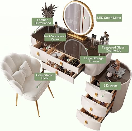 Miniatura 9 de Escritorio de tocador con espejo iluminado y parte superior de cristal, juego de mesa de maquillaje grande con cajones, armario lateral y silla,
