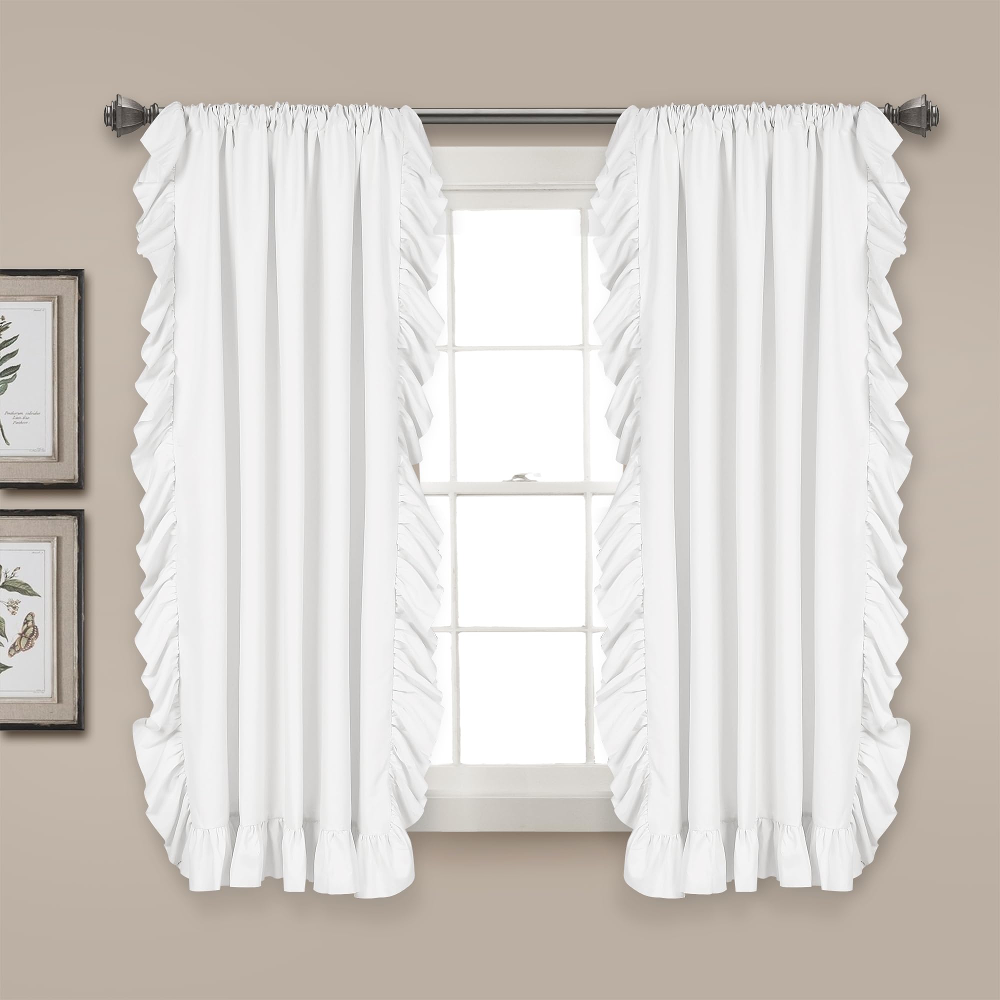 Lush Decor Reyna Ruffle Window Curtain Panel Set for Living, Dining, Bedroom (Pair), 54"W x 63"L, White