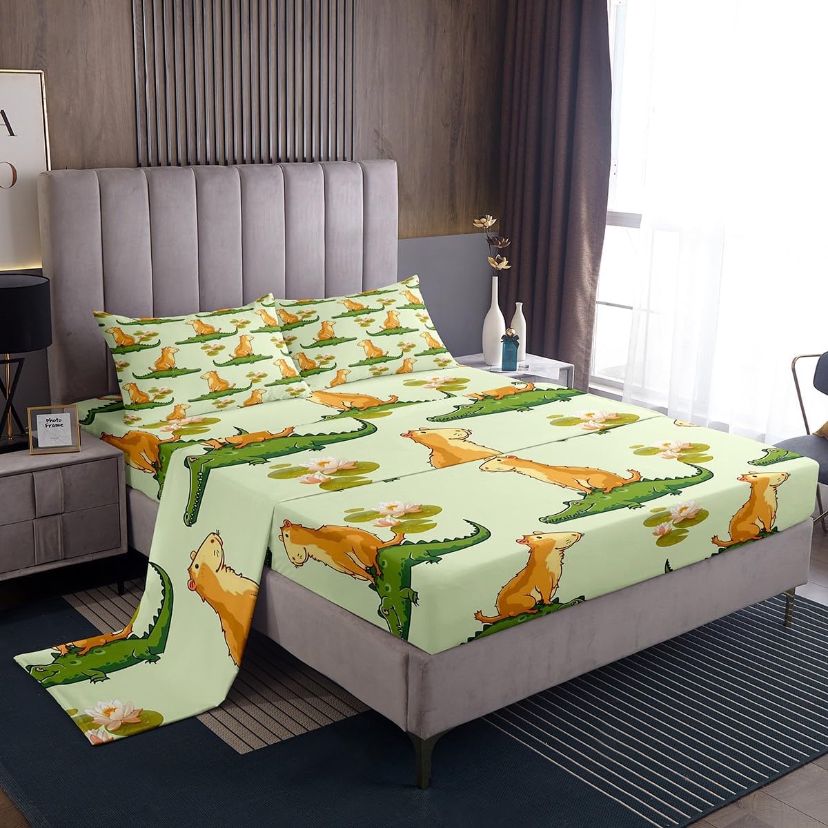 Crocodile Bed Sheet Queen Size Capybara Sheets Sets Adults Bedroom Decor Cartoon Animals Microfiber Bedding Set with Flat,Fitted Sheet,2 Pillow Cases