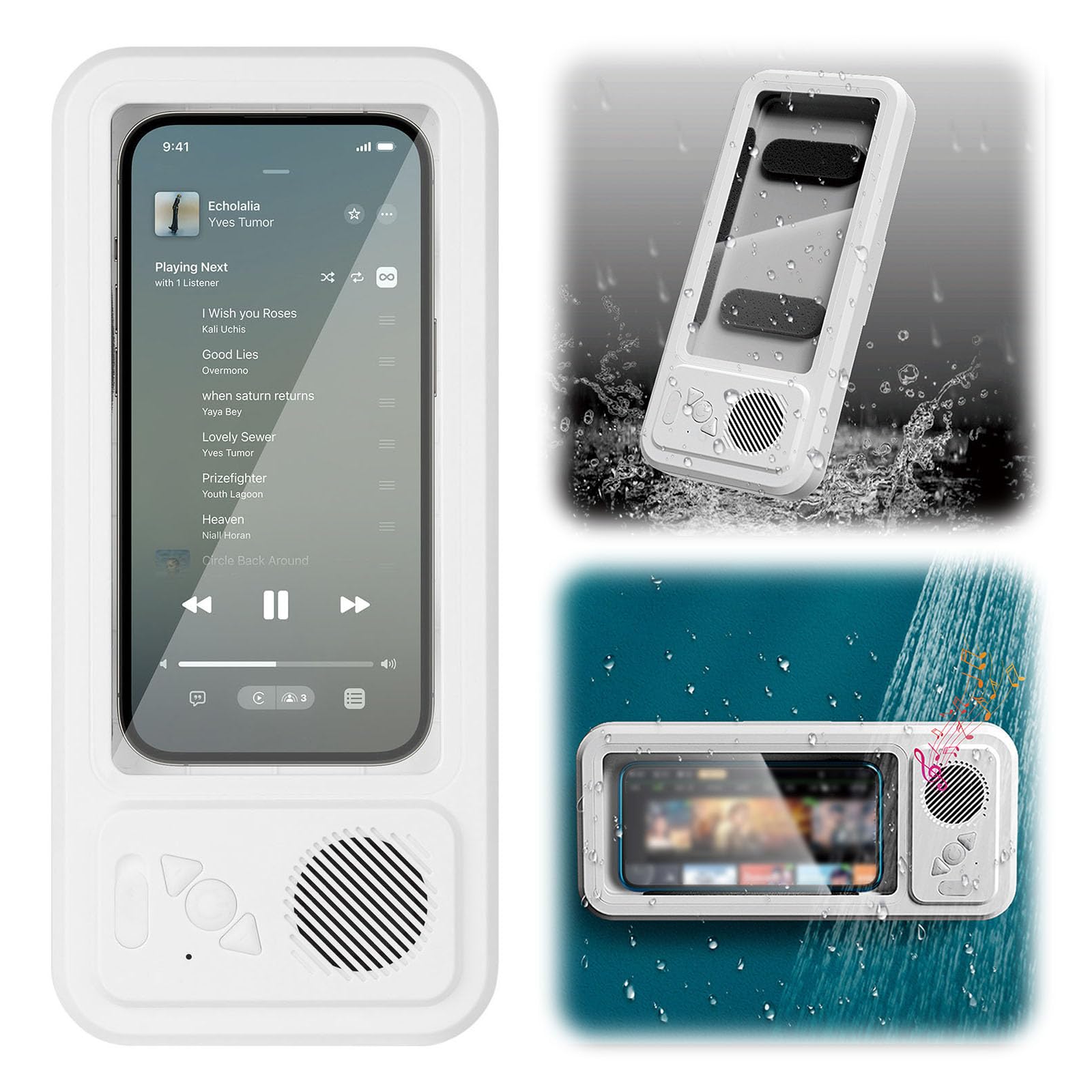 Soporte de ducha recargable para teléfono con altavoz Bluetooth inalámbrico, soporte de pared impermeable para espejos de baño de hasta 7 pulgadas