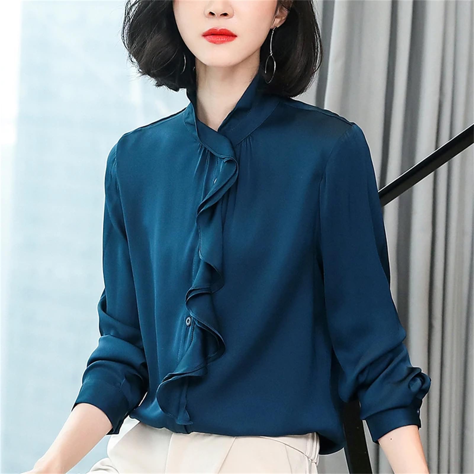 Camisas vintage para mujer, cuello alto, manga larga, blusa suelta de seda sólida
