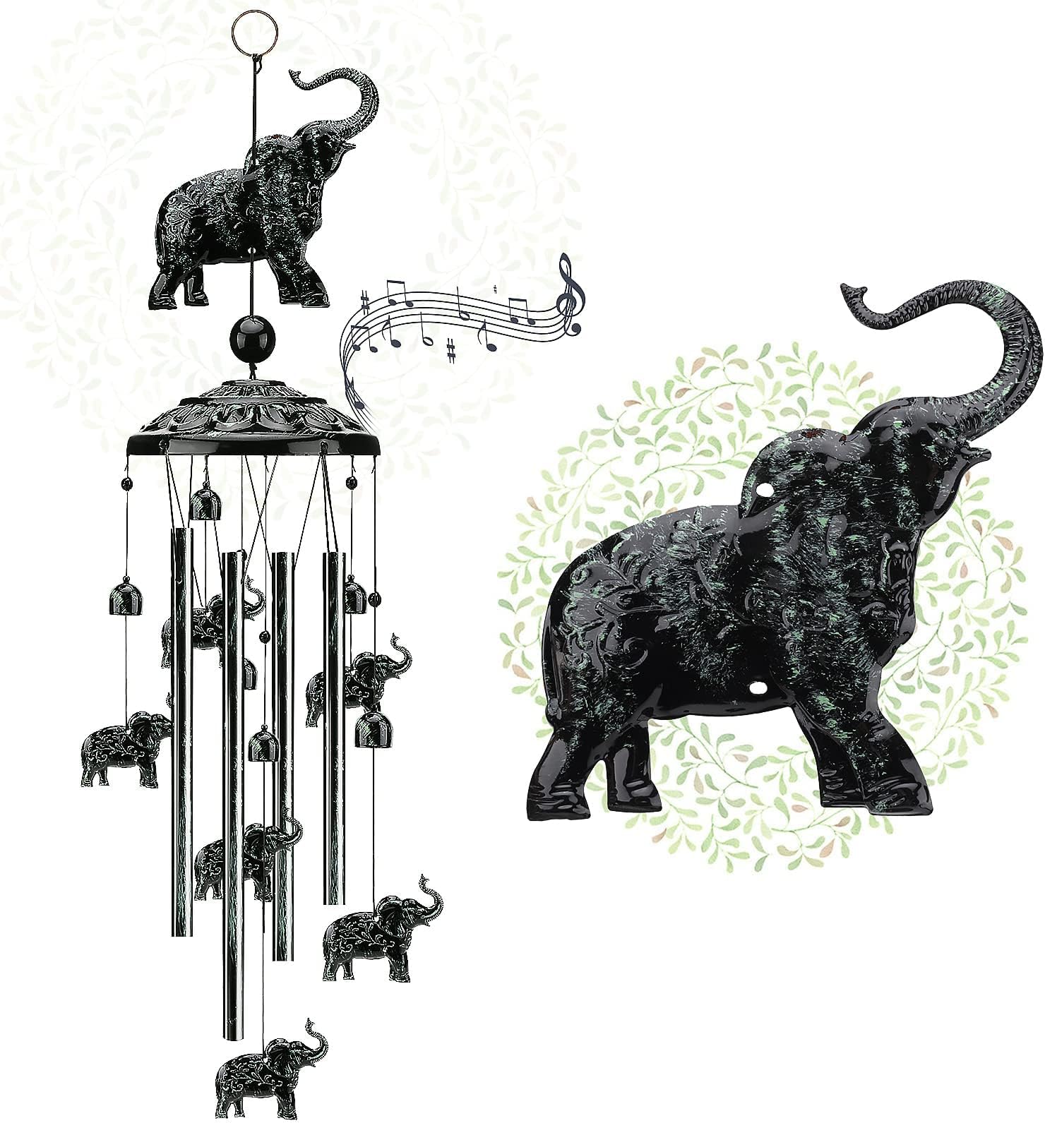 Elephant Wind Chimes Outdoor, Copper Wind Chimes Decoration with 1 Lucky Bead 4 Aluminum Tubes 6 Bells, Wind Chimes for Garden Birthday Gift Home Garden Patio Hanging Decoration (Black)