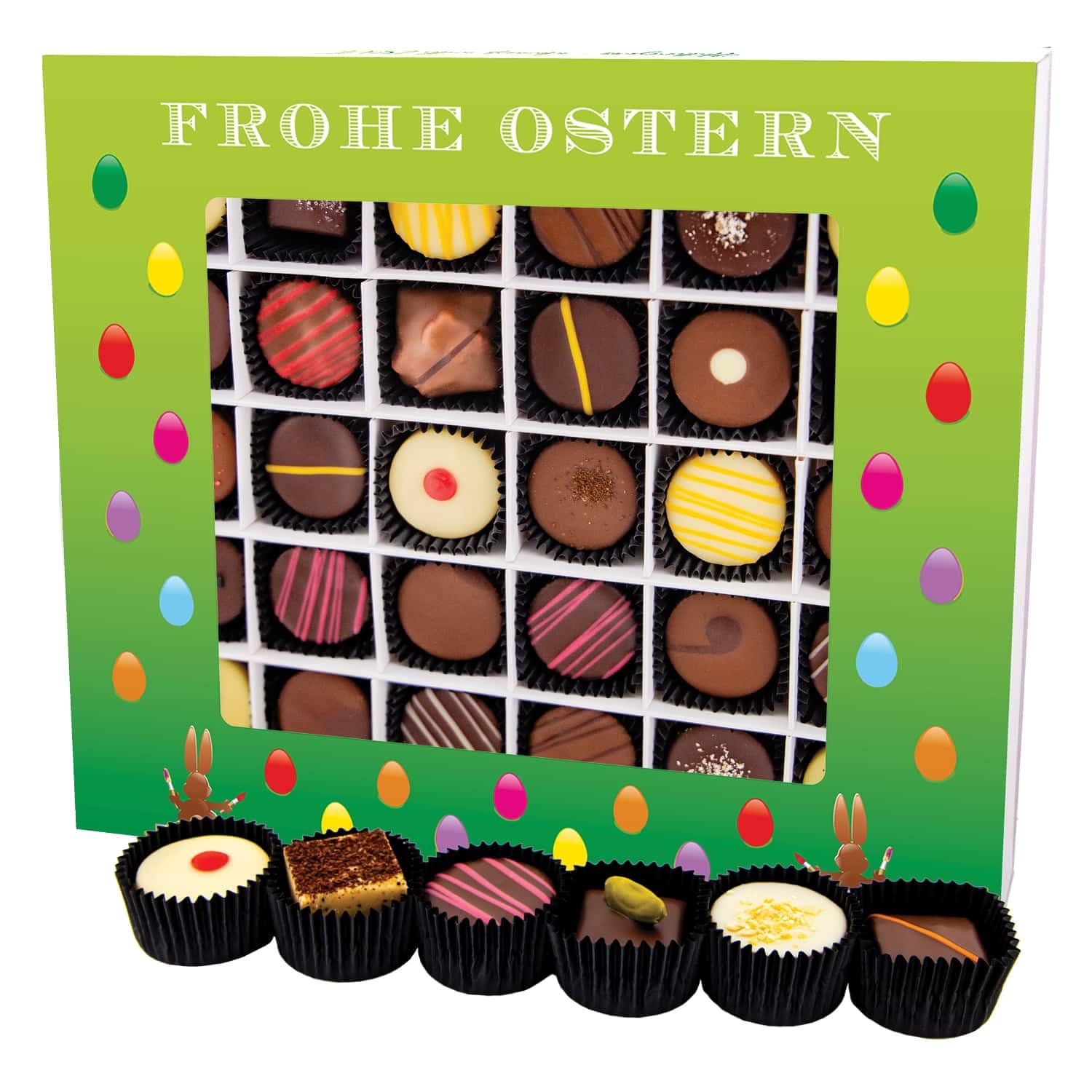 Hallingers Genuss Manufaktur Pralinen Oster-Geschenk - mit & ohne Alkohol, handmade aus Confiserie-Edelkakao in wertiger XXL-Geschenkbox ""Frohe Ostern grün"", Ostern Körbchen für Frauen Männer
