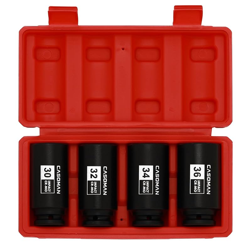 Jogo de soquetes de impacto profundos para porca de eixo CASOMAN, 12 pontos, CR-MO, acionamento de 12,7 mm (1/2 pol.), 30 a 36 mm, 4 peças