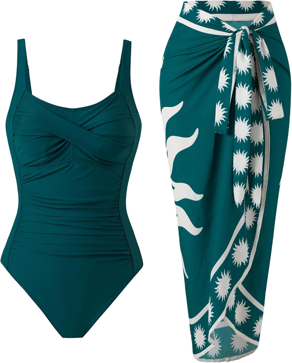 One Piece Swimsuit with Skirt Push Up Bathing Suit for Women Retro Wrap Cover Up Set