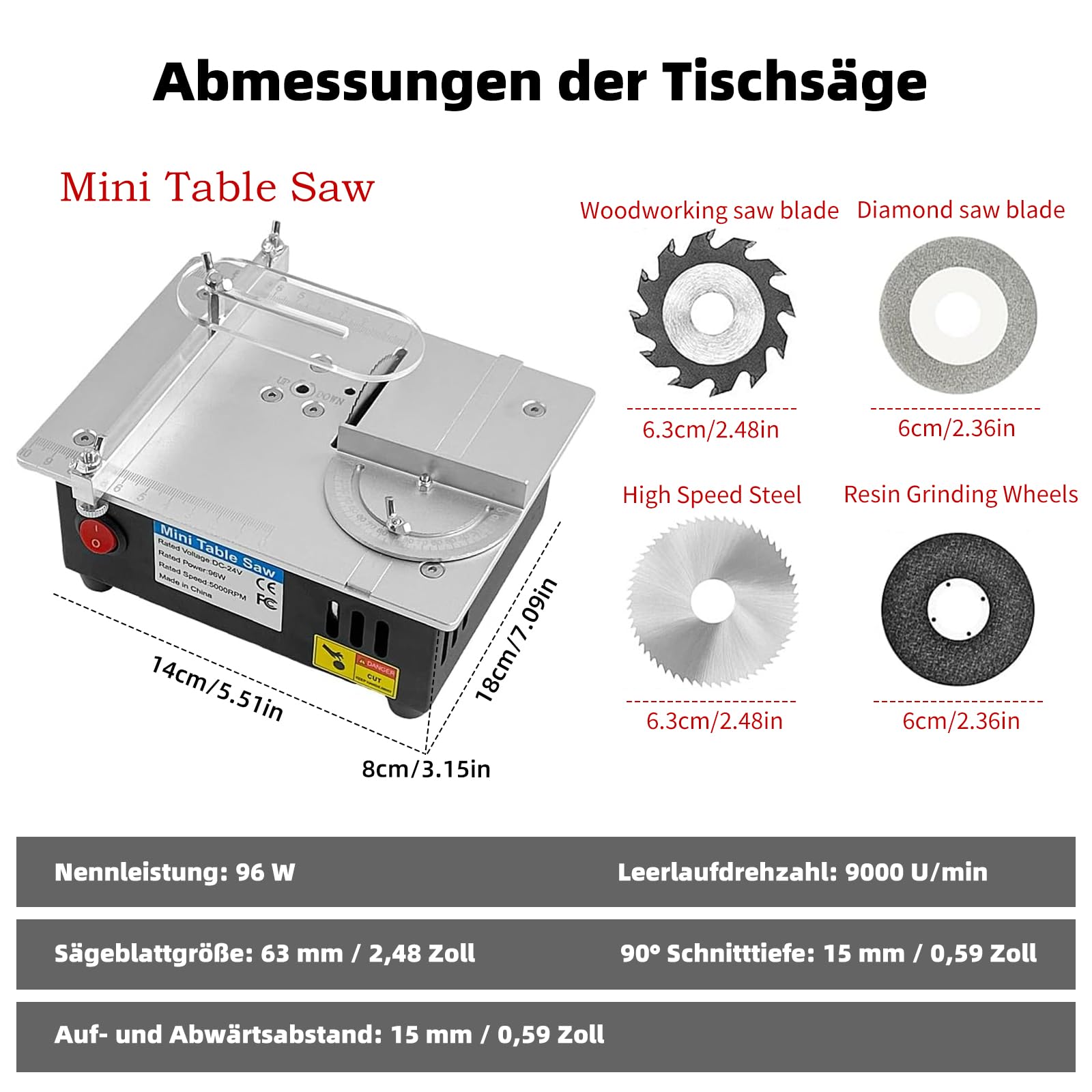 Mini Tischkreissäge, 7-Gang-Netzteil Einstellbarer,Tischkissägen Tragbare Präzisions Table Saw 0,1-15mm Sägeblatt Hönverstellbarer, Tischkreissäge mit 4 Klingen für DIY-Holzbearbeitugsprojekte