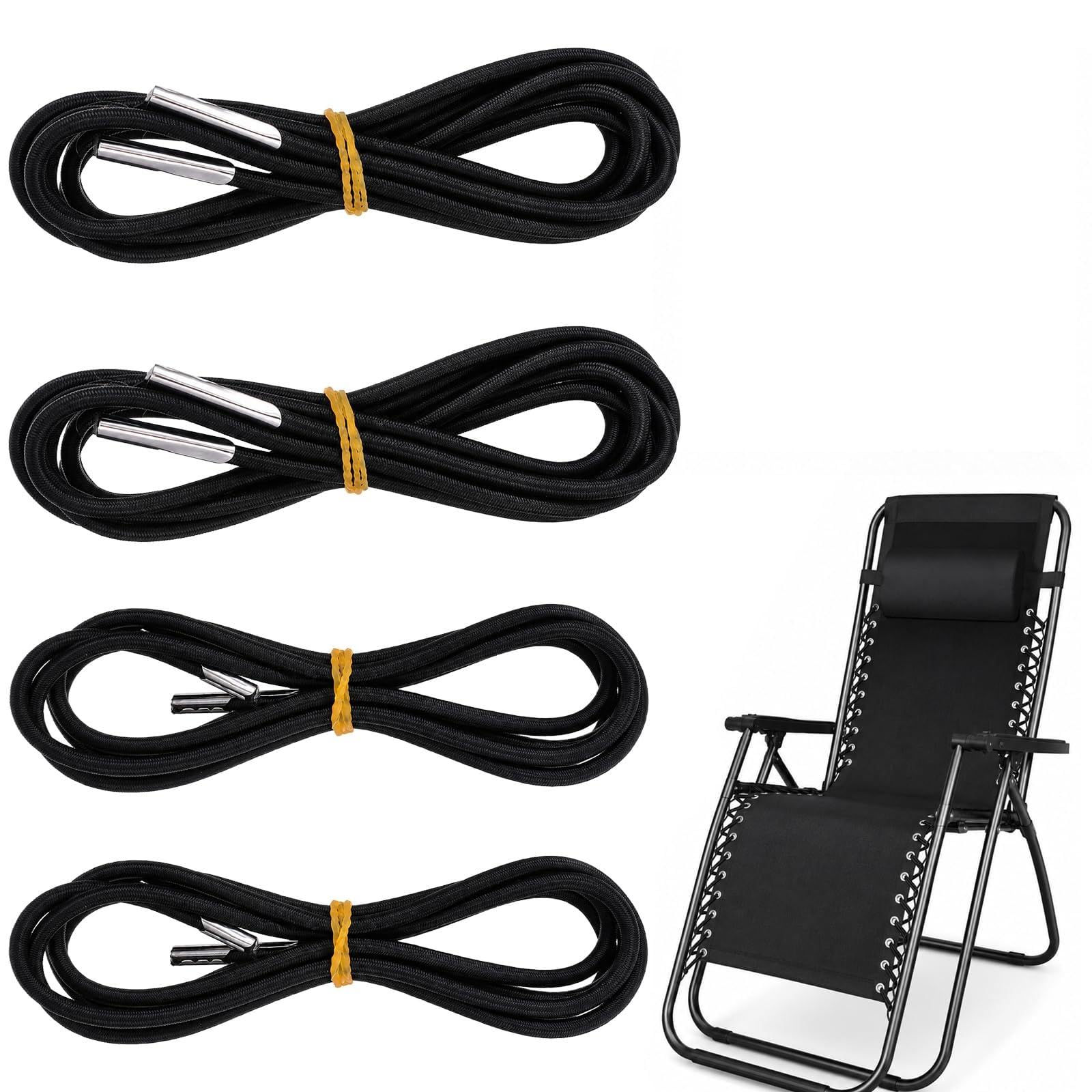 HJZHII 4 Pack Universal Replacement Cord for Zero Gravity Chair, Black Elastic Cords Repair Tool Kit for Repairing Zero Gravity Chair, Beach Chair, Lounge Chair, and Recliners