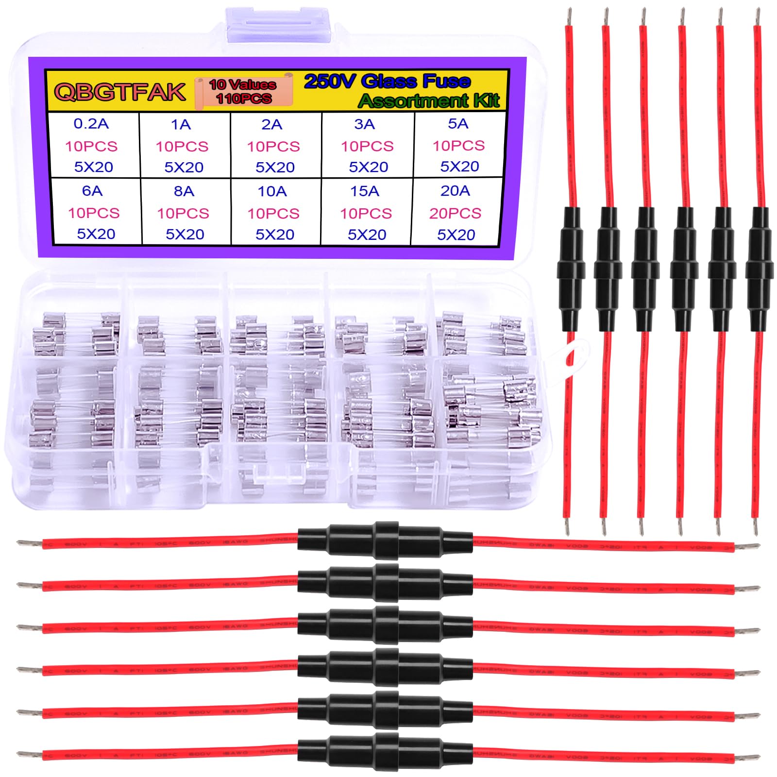 12pcs 5x20 mm Fuse Holder Inline Screw Type with 16 AWG Wire + 10 Values 110 Pcs 5x20mm Fast Blow Glass Fuses 250 V 0.2A, 1A, 2A, 3A, 5A, 6A, 8A, 10A,15A,20A,Assortment Kit