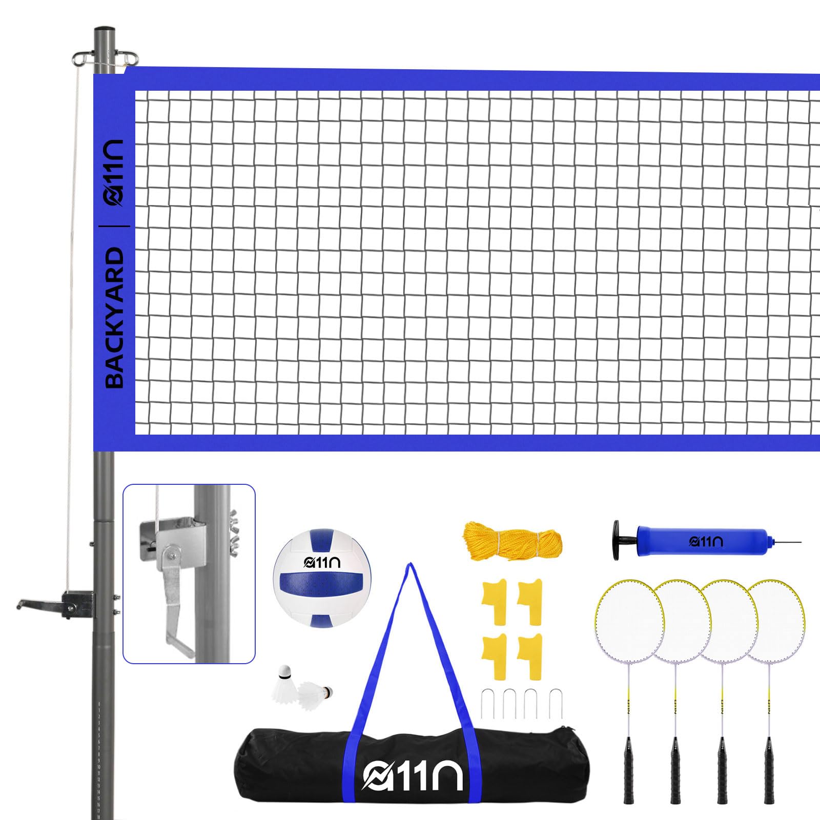 A11N Outdoor Volleyball and Badminton Combo Set - Includes Adjustable Height Anti-Sag Net, Volleyball, Air Pump, 4 Badminton Rackets, 2 Shuttlecocks, Boundary Line Marker, and Carrying Bag