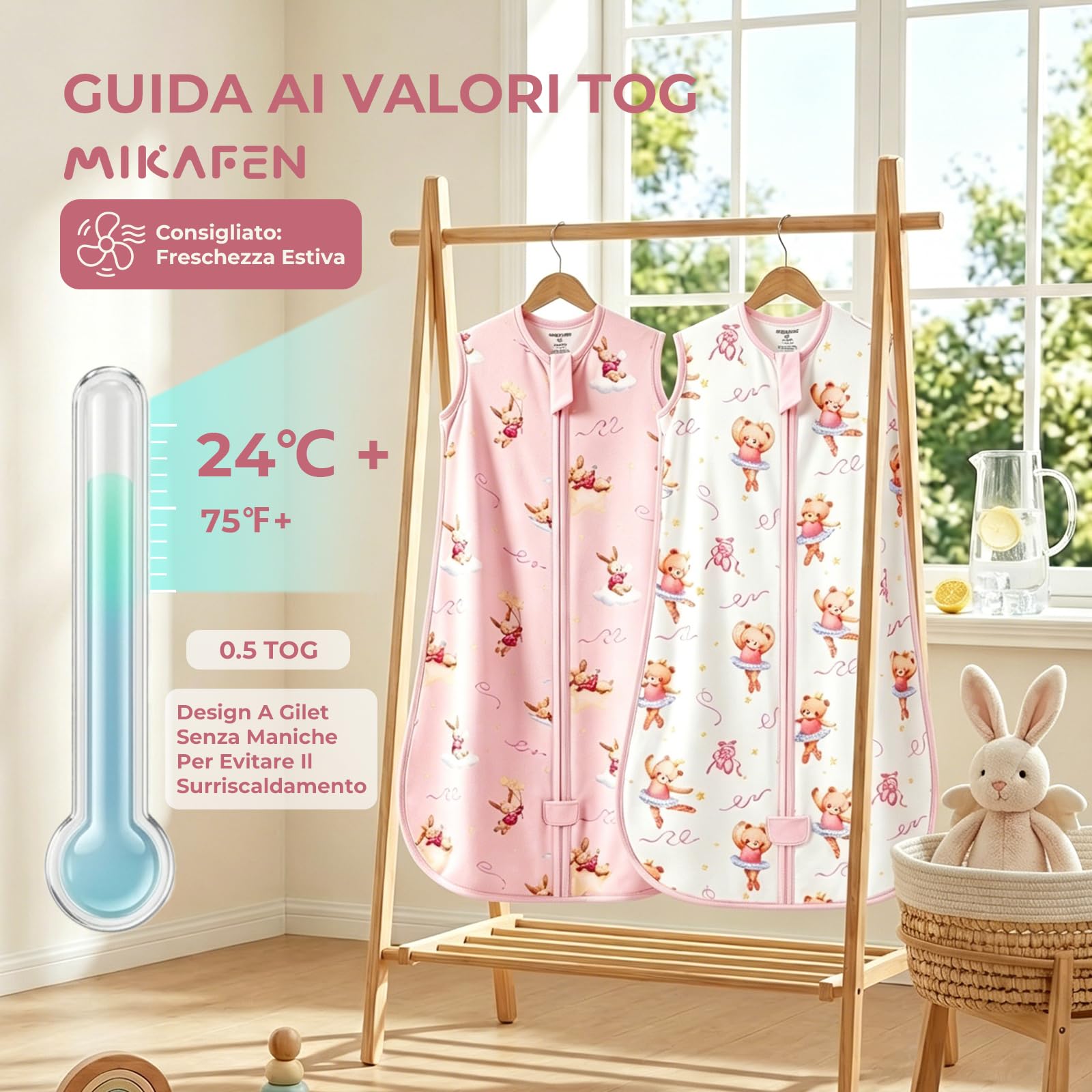Confezione da 2 Sacchi Nanna Estivi per Bambini 0,5 Tog, Cotone Sacco Nanna Estivo per Bambini per Ragazzi e Ragazze, Motivo rosa: orsetto e coniglietto, 6-14 Mesi