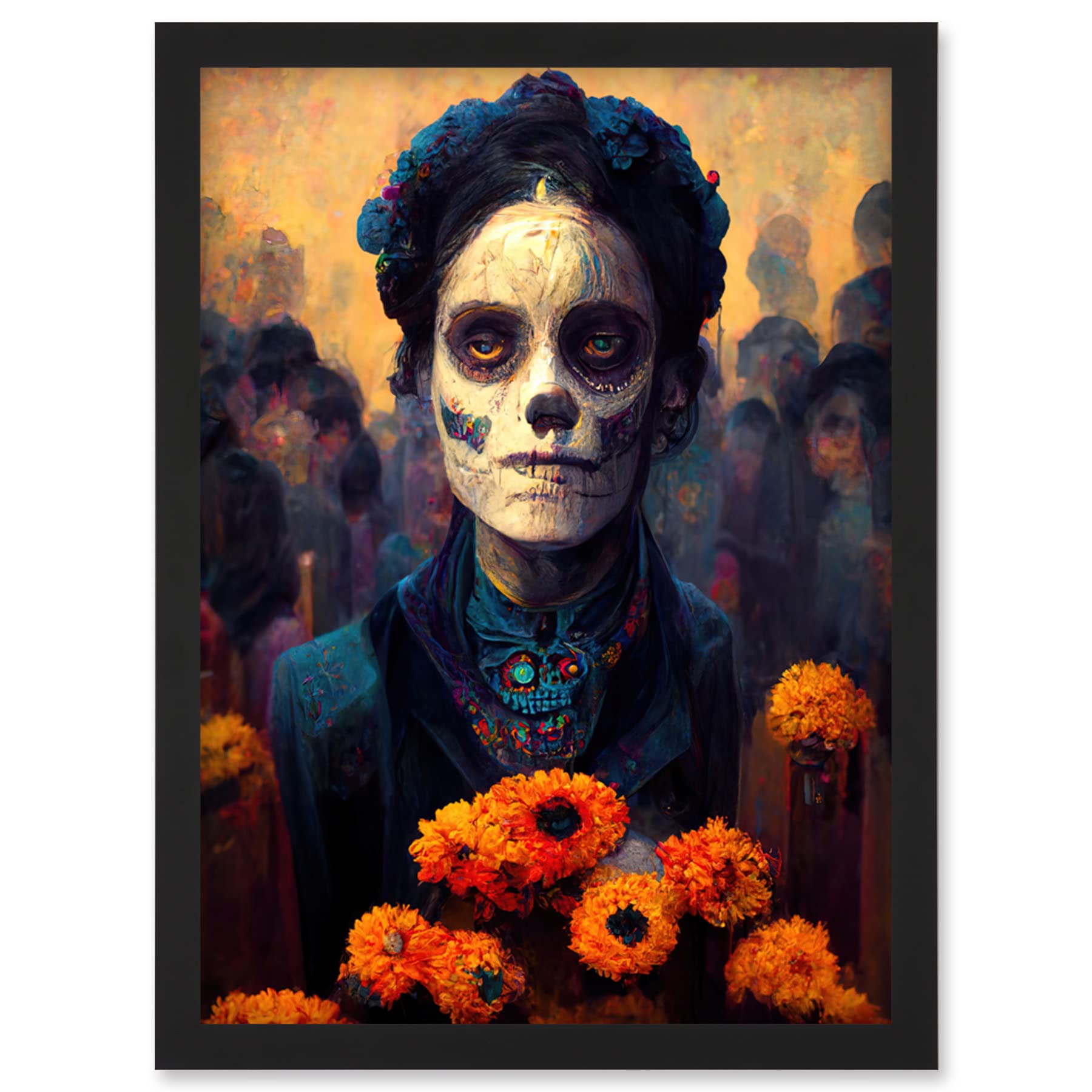 Day Of Dead Skull Marigold Flowers Artwork Framed Wall Art Print A4