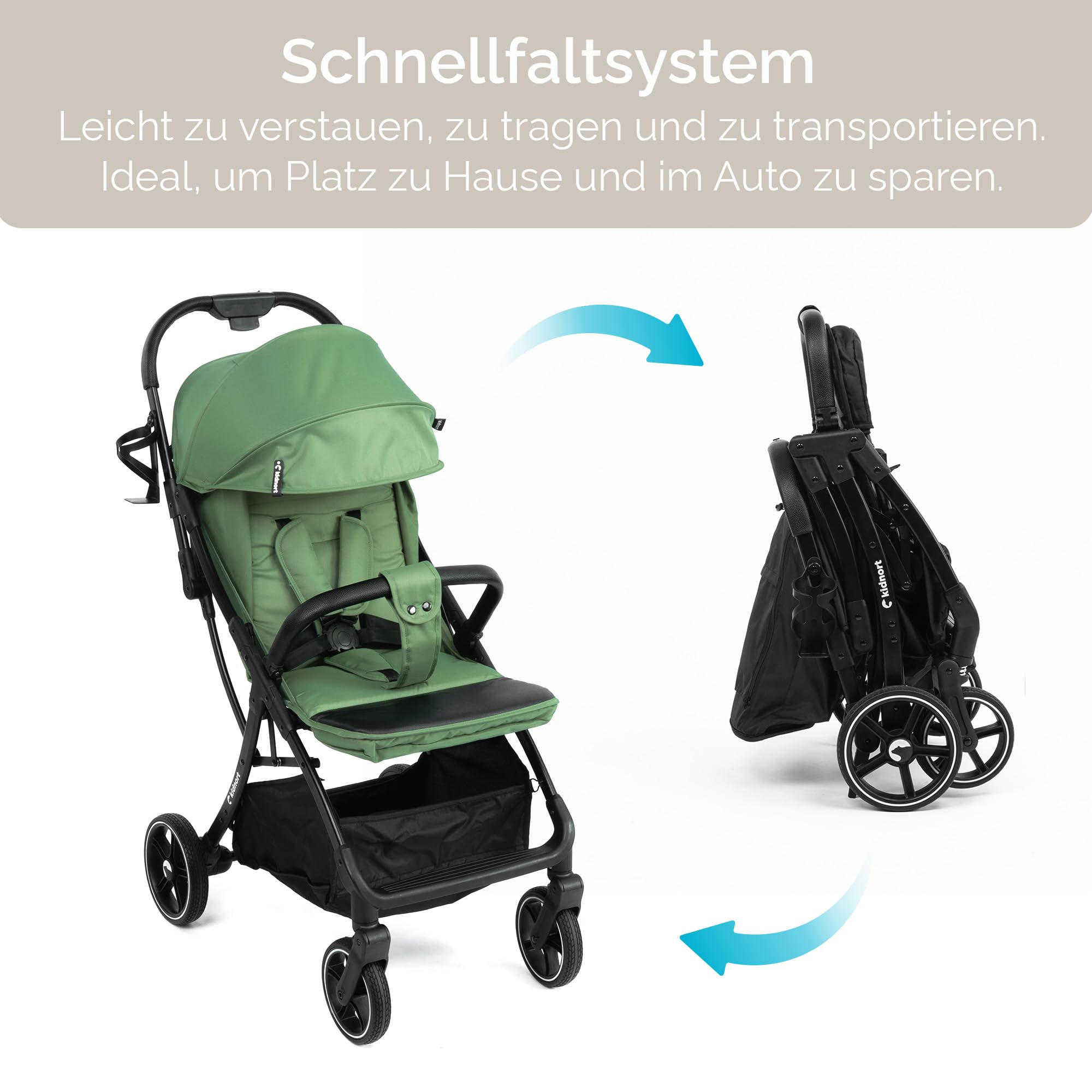 Fjällräv Buggy leicht faltbar ab Geburt bis 22 kg mit Liegefunktion, 5-Punkt-Gurt, verstellbarer Rückenlehne und Fußstütze, Belüftungsfenster, Zubehörset Grün