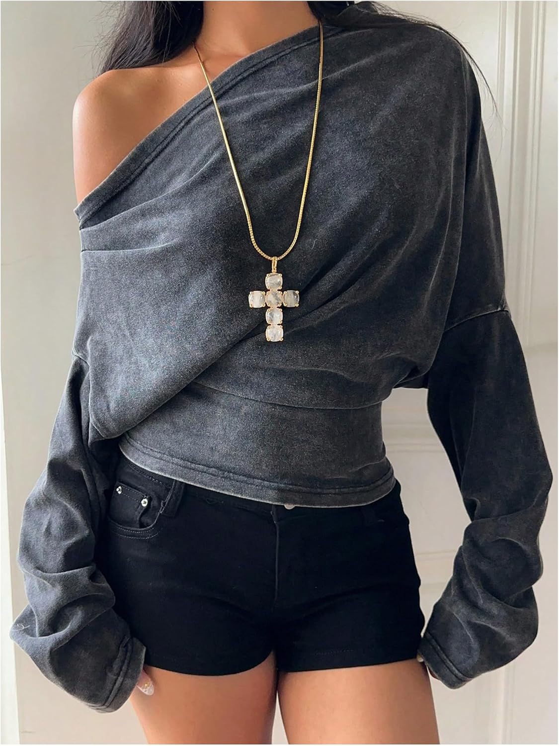 Milumia Women's Off The Shoulder Sweatshirts Ruched Long Sleeve Casual Pullover Tops - Image 5