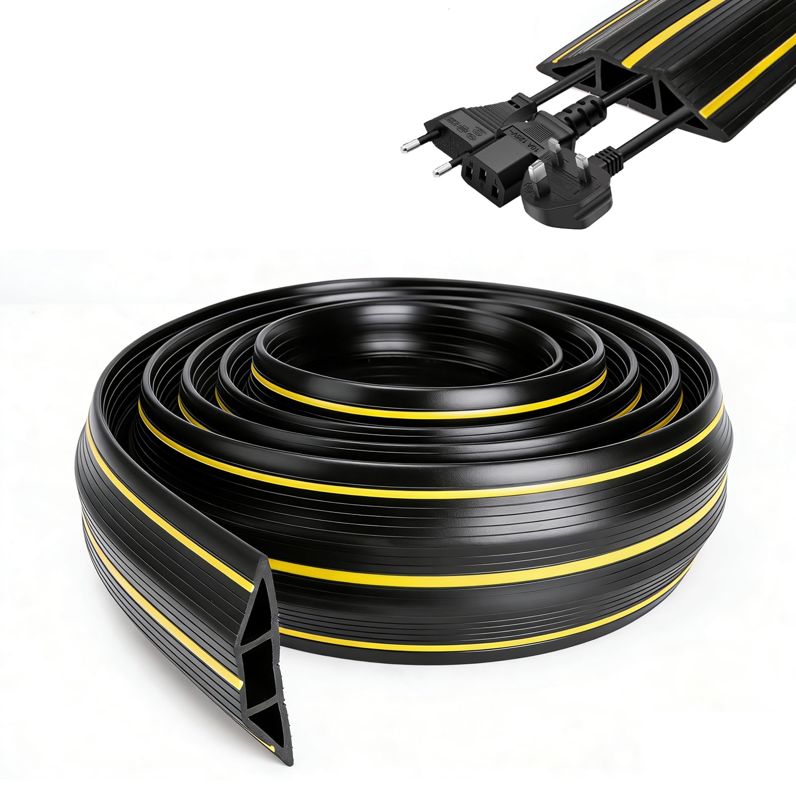 3M Heavy-Duty PVC Floor Cable Cover with High-Vis Yellow Stripes | Triple-Channel Design for Multiple Wires | Cable Protector for Offices, Events, Garages & Outdoor Use