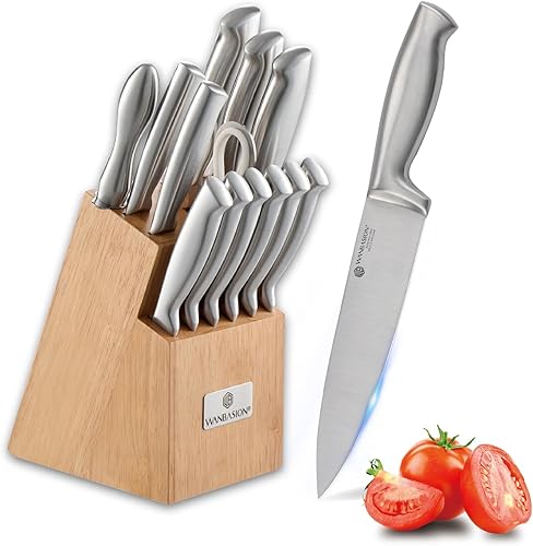 Wanbasion Juego de 14 cuchillos de cocina con afilador, juego de cuchillos de cocina afilados con bloque, juego de cuchillos de acero inoxidable con