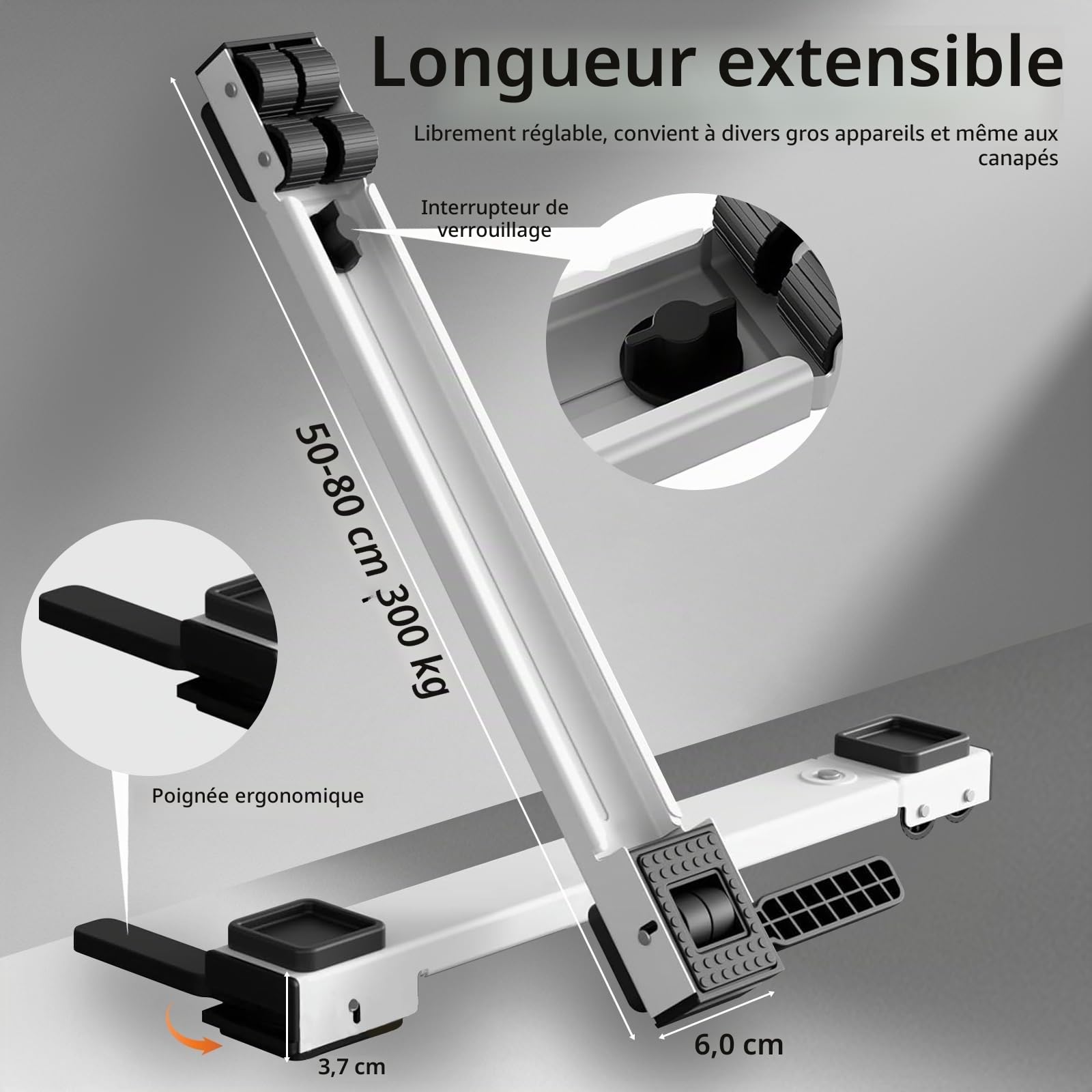 Support réglable pour machine à laver avec roulettes, extensible 50 à 80 cm, stable et surélevé, facile à déplacer pour machines à laver, sèche-linge, réfrigérateurs et meubles