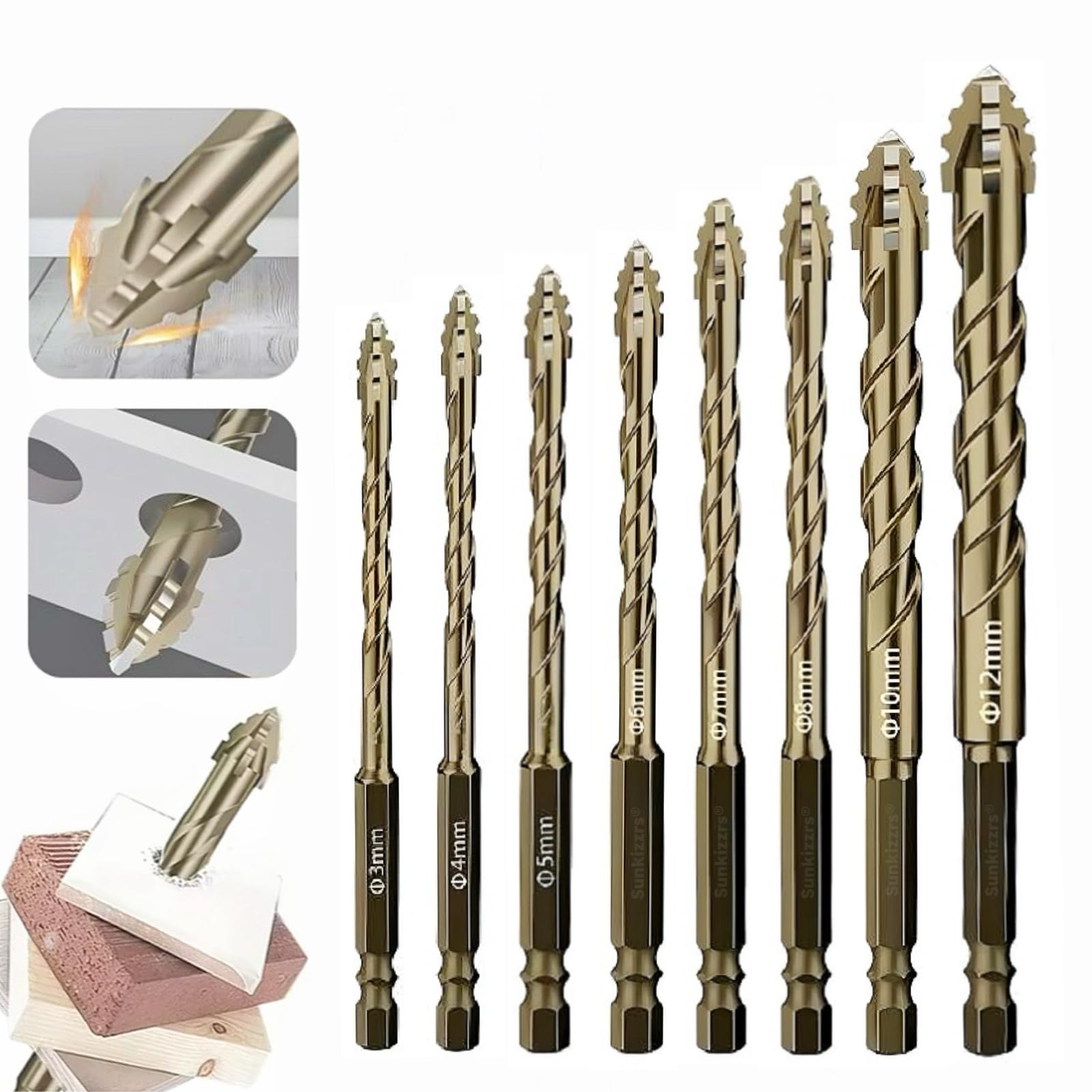 Sunkizzrs® Hex Cross Sawtooth Tile Drill Bits Set (3/4/5/6/7/8/10/12mm) — Alloy Steel Hex Shank High Impact 4-Edge Hole Opener Drill Bits for Ceramic Tiles/Ceramic/Glass/Marble/Concrete/Plastic/Wood-image-29