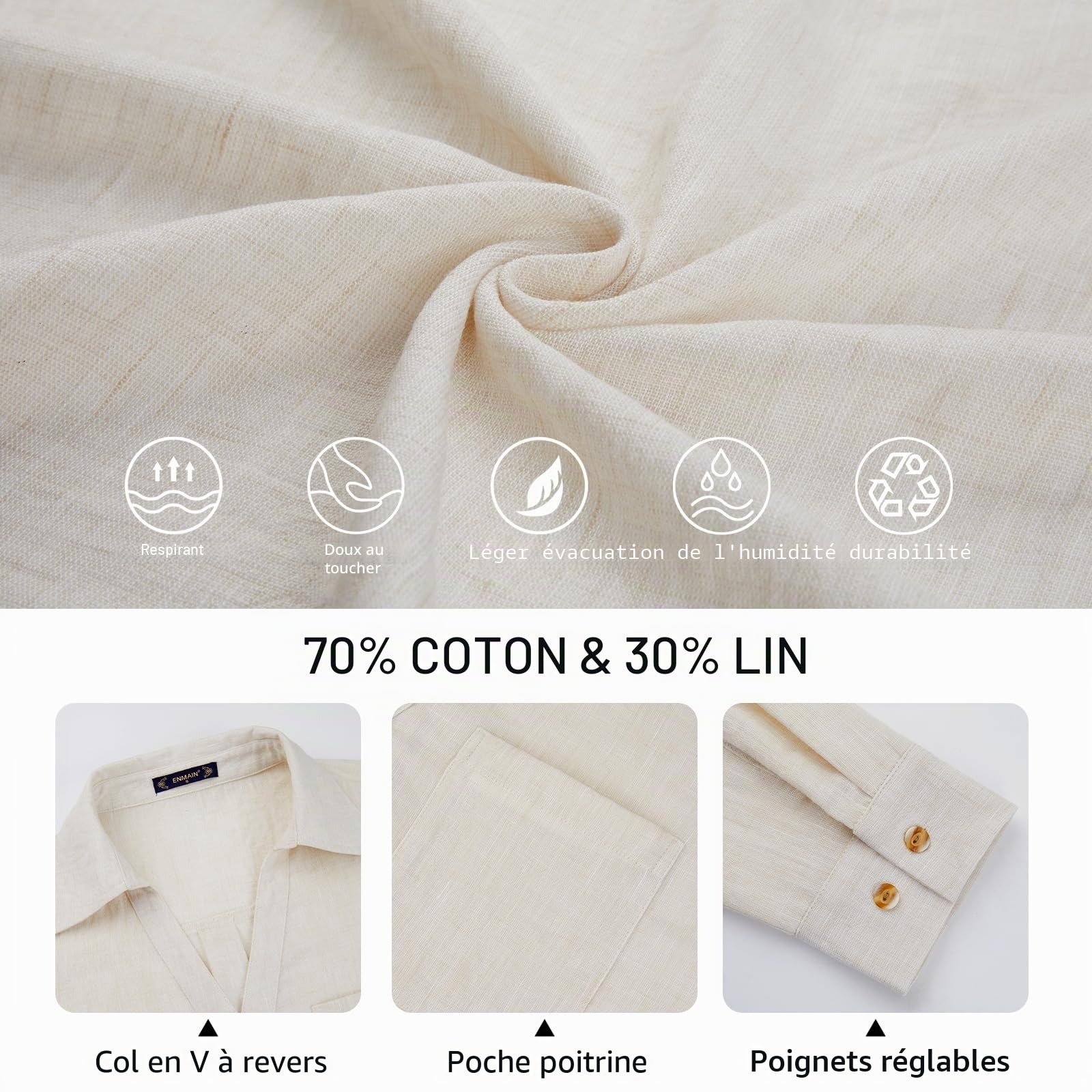 Enmain Chemiser Coton et Lin Femme Col en V Été Chemise Femme Manches Longues Respirante Légère Blouse Chic et Élégant Décontracté Haut à Boutons pour Bureau Plage Vacances Grande Taille S-3XL
