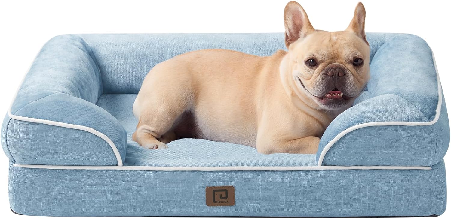 EHEYCIGA Orthopedic Dog Bed for Medium Dogs, Waterproof Memory Foam Medium Dog Beds with Sides, Non-Slip Bottom and Egg-Crate Foam Medium Dog Couch Bed with Washable Removable Cover, Washed Blue 30.0"L x 20.0"W x 6.5"Th Washed Blue