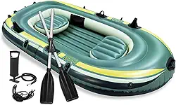 Caiaque Inflavel,Caiaque de Pesca, Caiaque 3 Lugares, Bote de Remo Inflável, Prancha de Remo Inflável com Acessórios, Bomba Manual, Trela, Caiaque em Verde com Remo de Alumínio