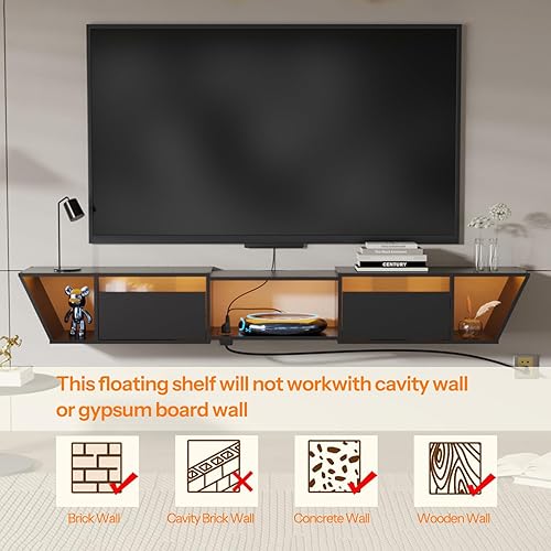 Miniatura 3 de HOOBRO Soporte flotante para TV con toma de corriente, centro de entretenimiento flotante de 63 pulgadas con luz LED, estante moderno de madera para