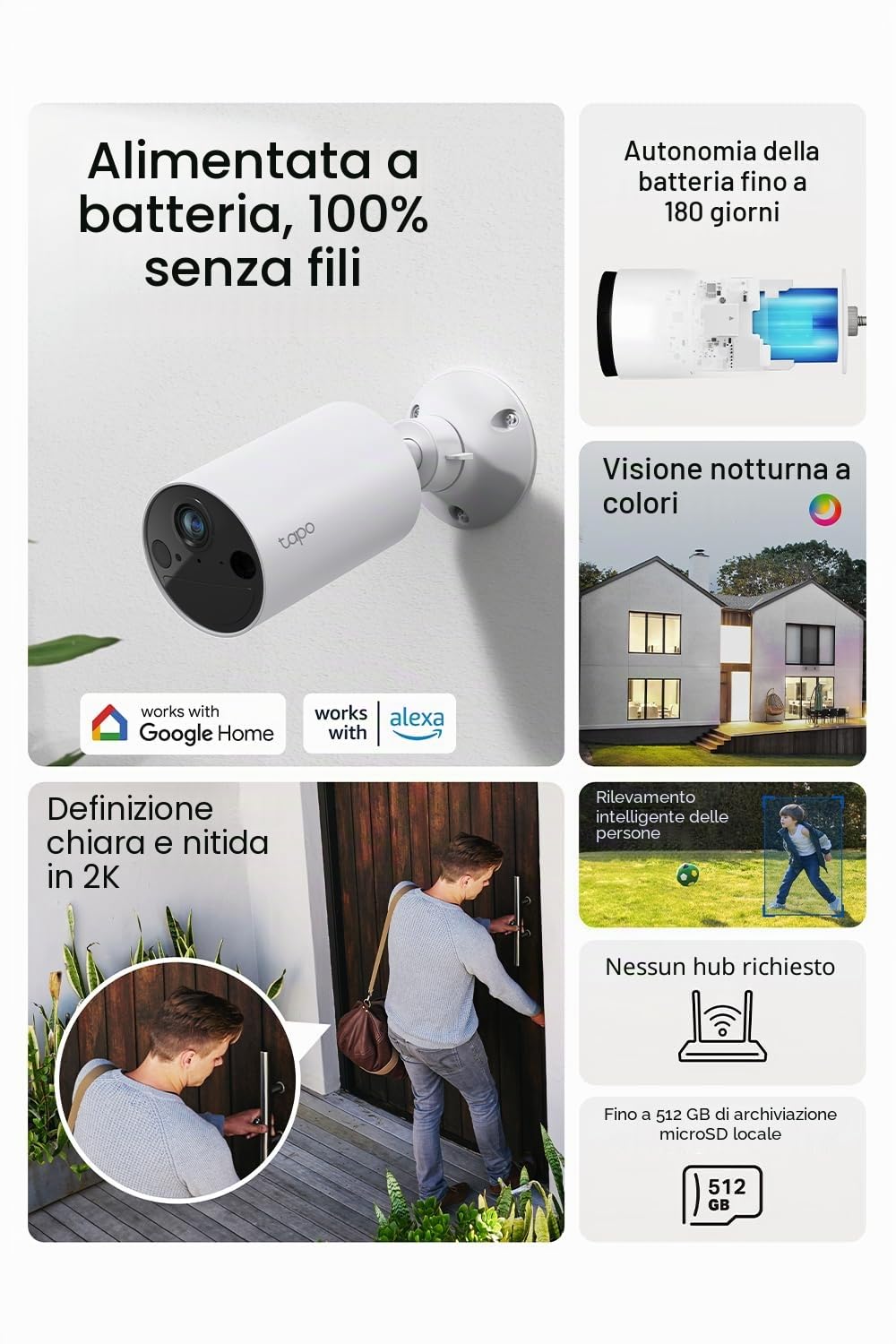 Tapo C410 2 K(3MP) - Telecamera di sorveglianza WiFi per esterni senza fili, batteria senza fili, 180 J, rilevamento persona, visione notturna a colori, IP65 impermeabile, nessun hub richiesto