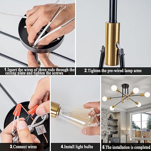 Miniatura 7 de BrkNit Candelabros modernos Sputnik de 6 luces, lámpara de techo semiempotrada color negro y dorado, accesorios de iluminación industrial de cocina