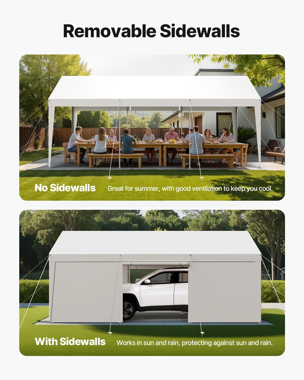 VEVOR Cochera 3,05 x 6,09 x 2,87 m, Cochera Potable con Paredes Laterales y Puerta Desmontables, Marquesina para Coches Resistente a los Rayos UV y al Agua, para Automóviles, Embarcaciones, Blanco
