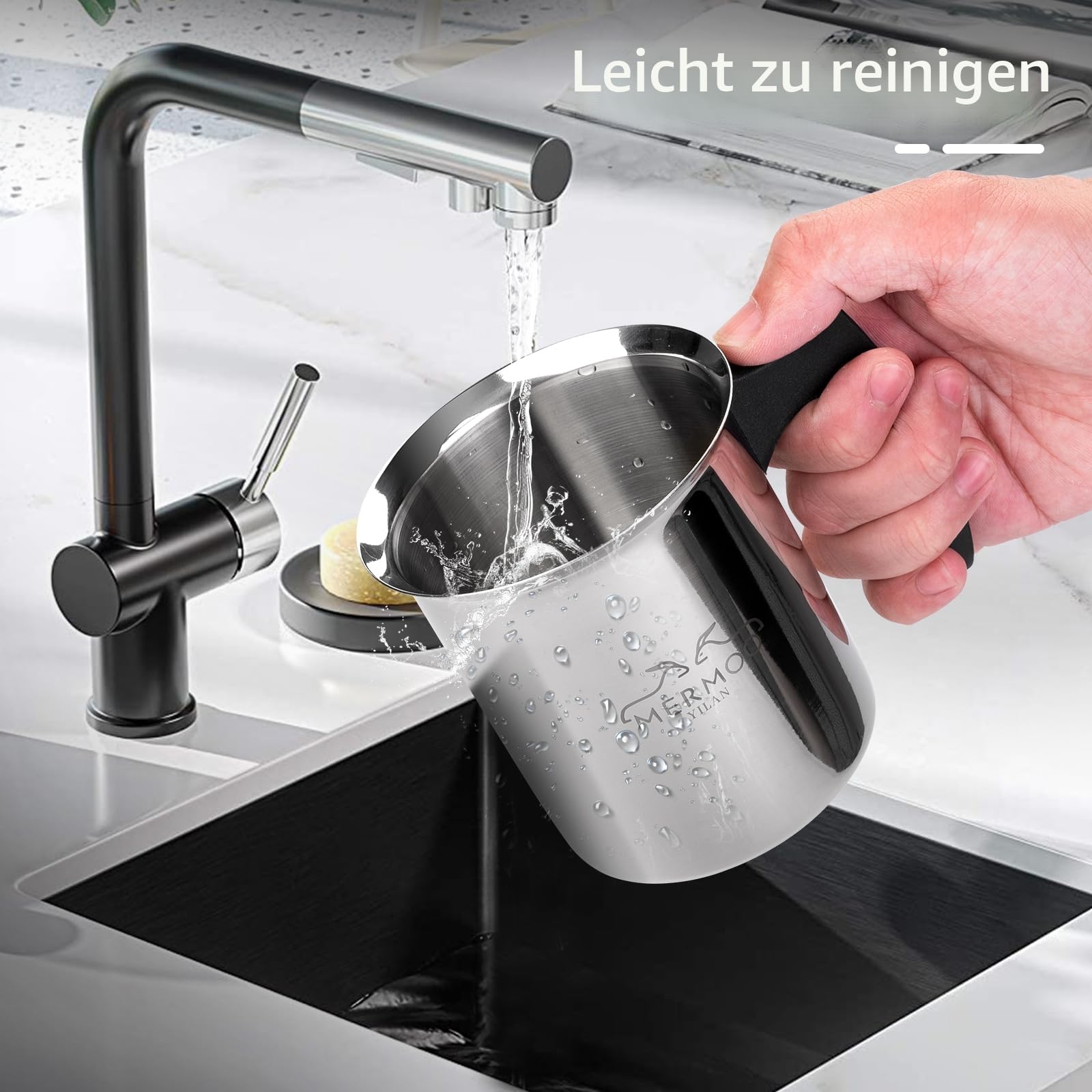 MERMOO YILAN Milchaufschäumer 304 Edelstahl Milchschäumer Doppelsieb, Kalt/Hot Schaum für Lattte, Cappuccino, leicht zu reinigen, perfekt für Reise Camping Büro (Silber)