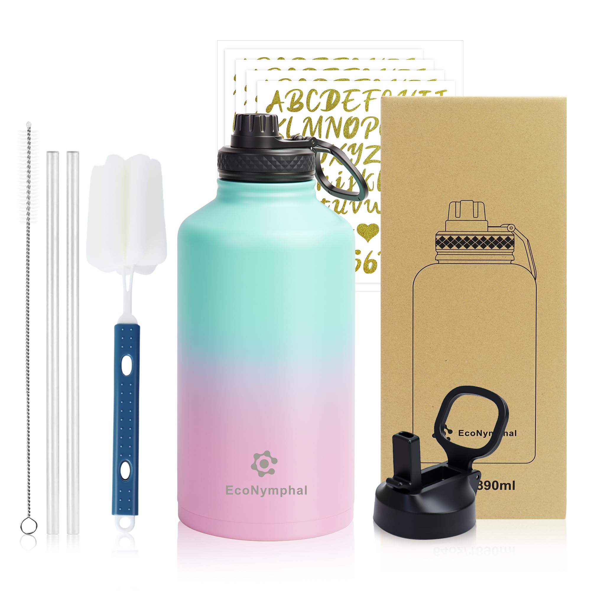 Edelstahl trinkflasche 1.9L - Isolierflasche mit Strohhalm & 2 Deckeln - 100% Auslaufsicher - Reinigungsbürste & 4 Sticker - BPA-frei & spülmaschinenfest - Geschenk für Sport & Arbeit,rosa grün
