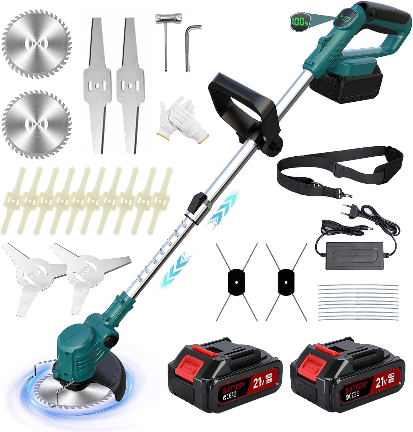 Rasentrimmer mit Akku 5 In 1 Akku Rasentrimmer für Makita Akkus mit 5 Klingentypen, 21V Freischneider Akku Teleskopierbar, 90° Drehung für Garden Trimmen,Blau