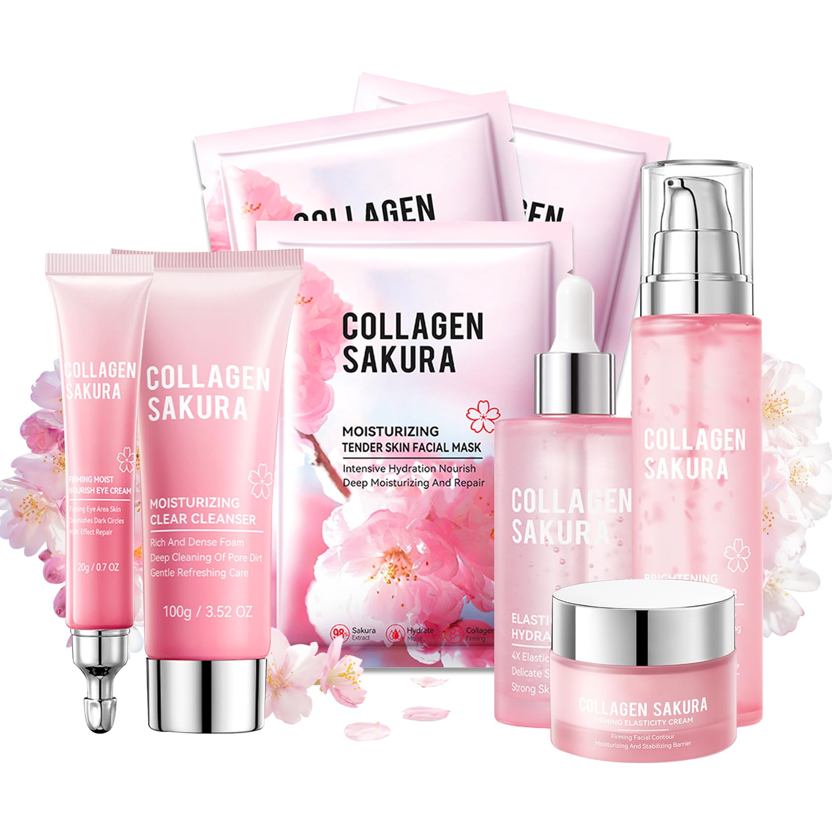 Sakura Skin Care Set,8 Pcs Hydrating Skincare Set Facial Kit for Women and Girls,Moisturizing Skin Care Kit with Facial Cleanser,Toner,Facial Serum,