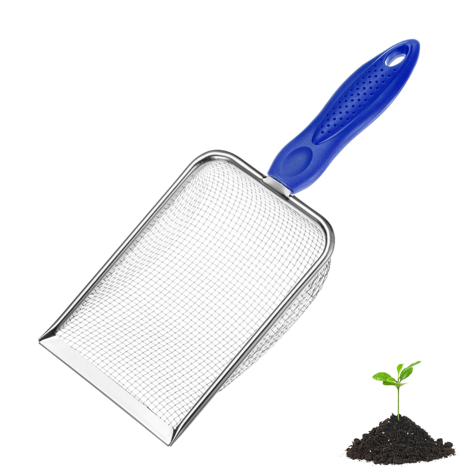 M METERXITY 1-Pack Gardening Soil Sifter, 2.8 mm Mesh Stainless Steel Portable Gardening Sifter with Non-Slip Handle for Sand/Dirt/Rock/Compost [White, Blue]