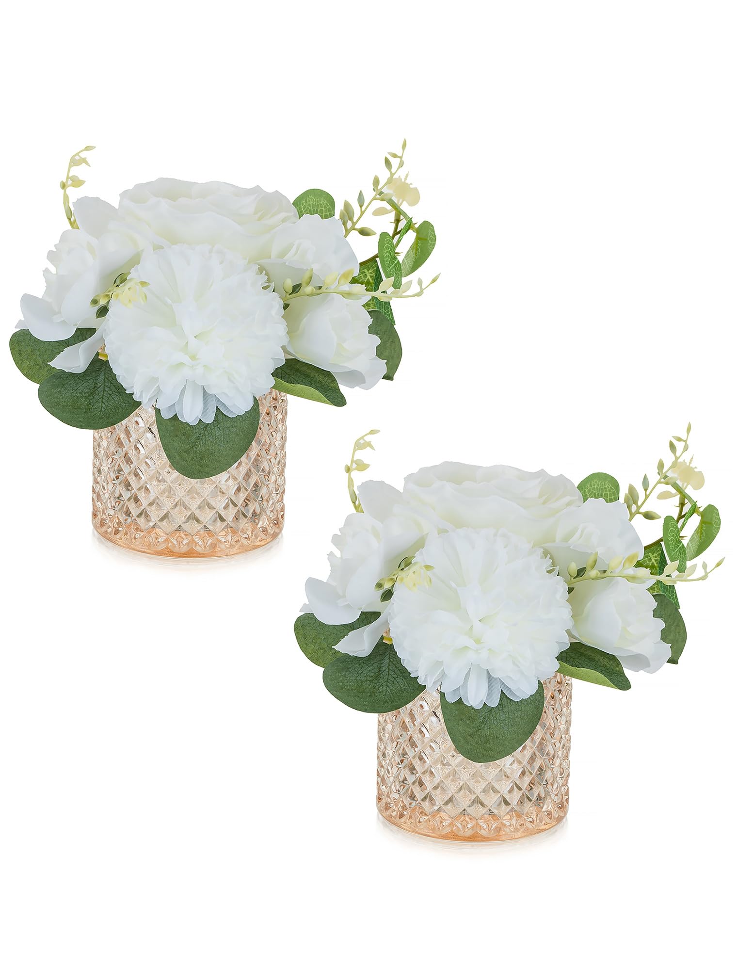 NUPTIO Small Artificial Flowers in Vase: 2 Pcs White Decorative Fake Flowers with Glass Vases for Home Bedroom Window