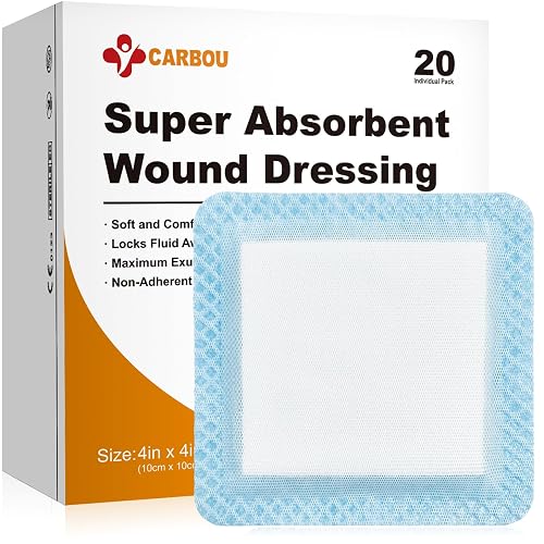 Carbou 4" x 4" Super Absorbent Wound Dressing, 20 Pack, Non-Adhesive Pads | Breathable Absorbent Bandages, Soft Highly Absorbent Dressing, Non Stick Gauze Pads for Heavy Exudate Wound Care