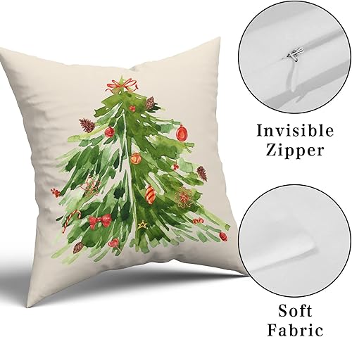 Miniatura 7 de Kawani Juego de 2 fundas de almohada cuadradas decorativas con diseño de árbol de Navidad en acuarela de 20 x 20 pulgadas, fundas de almohada