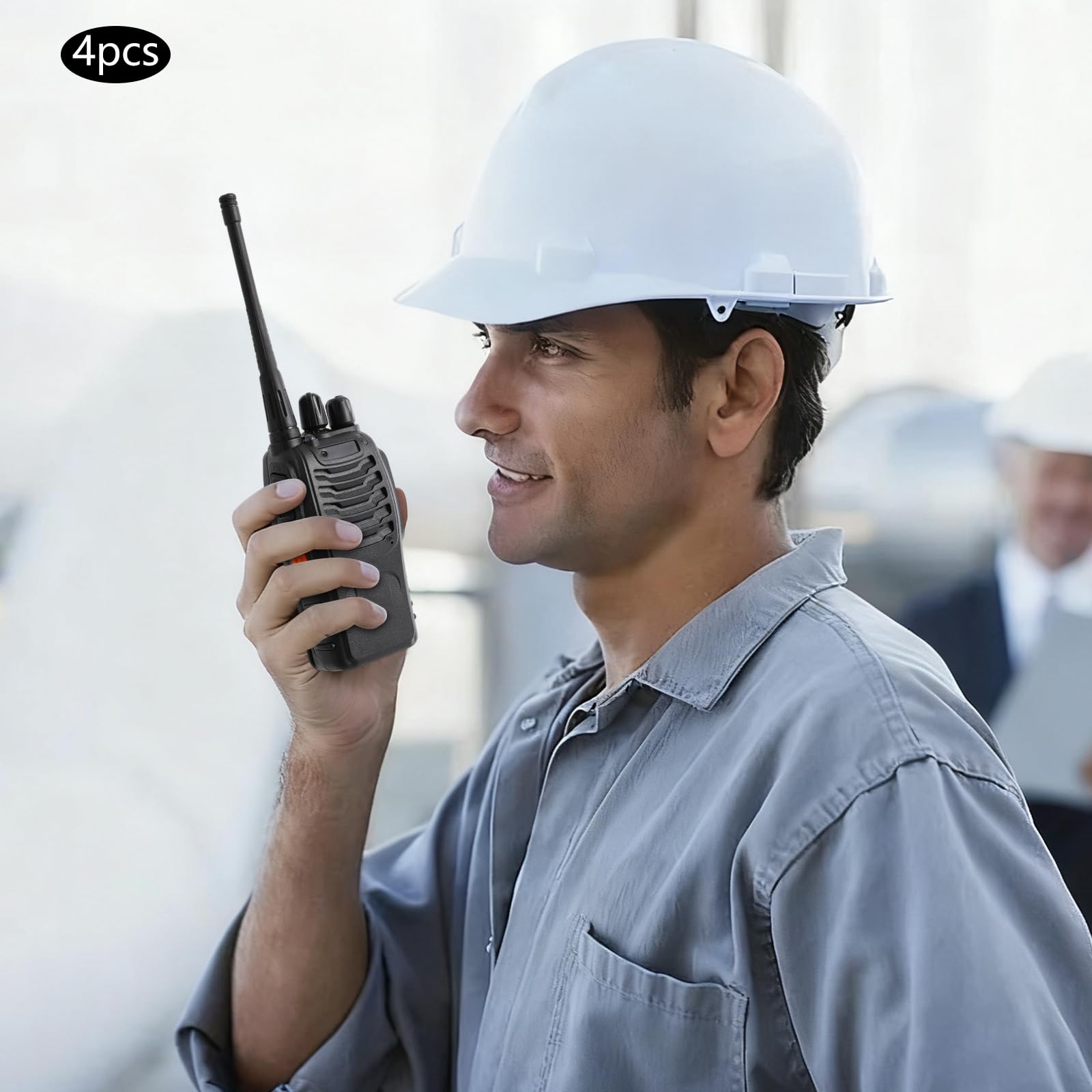 Walkie Talkie Funkgerät Set 10 Stück mit Kopfhörern Ladegerät 5km Reichweite 16 Kanäle 430 440MHz 3W Leistung 1500mAh Akku für Baustelle Hotel Camping Outdoor Teamarbeit (4 Einheiten)