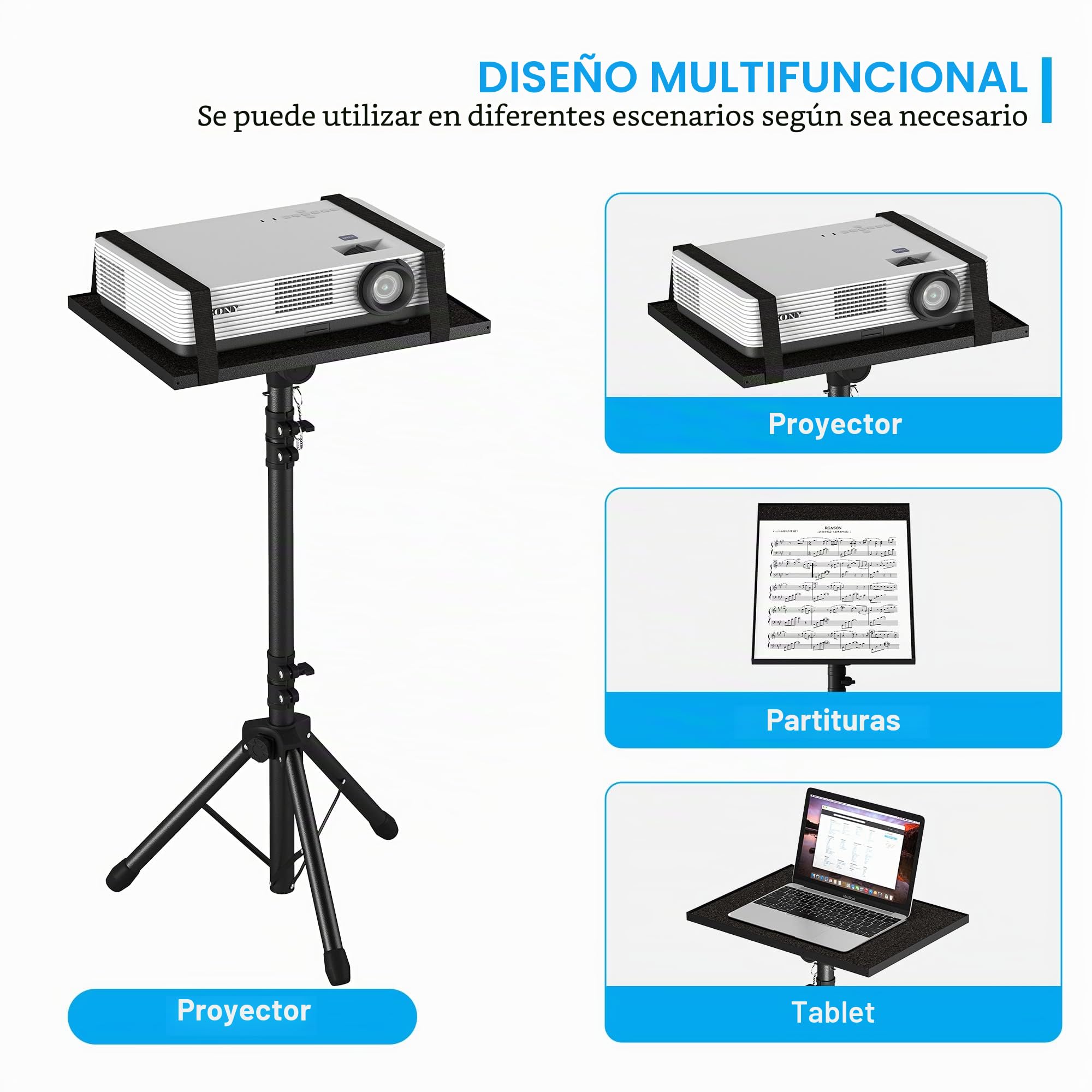 Trípode para proyector de 23.5 a 46.5 pulgadas, soporte de trípode para laptop de altura ajustable con soporte de teléfono de cuello de cisne, soporte de suelo para laptop para oficina, hogar,