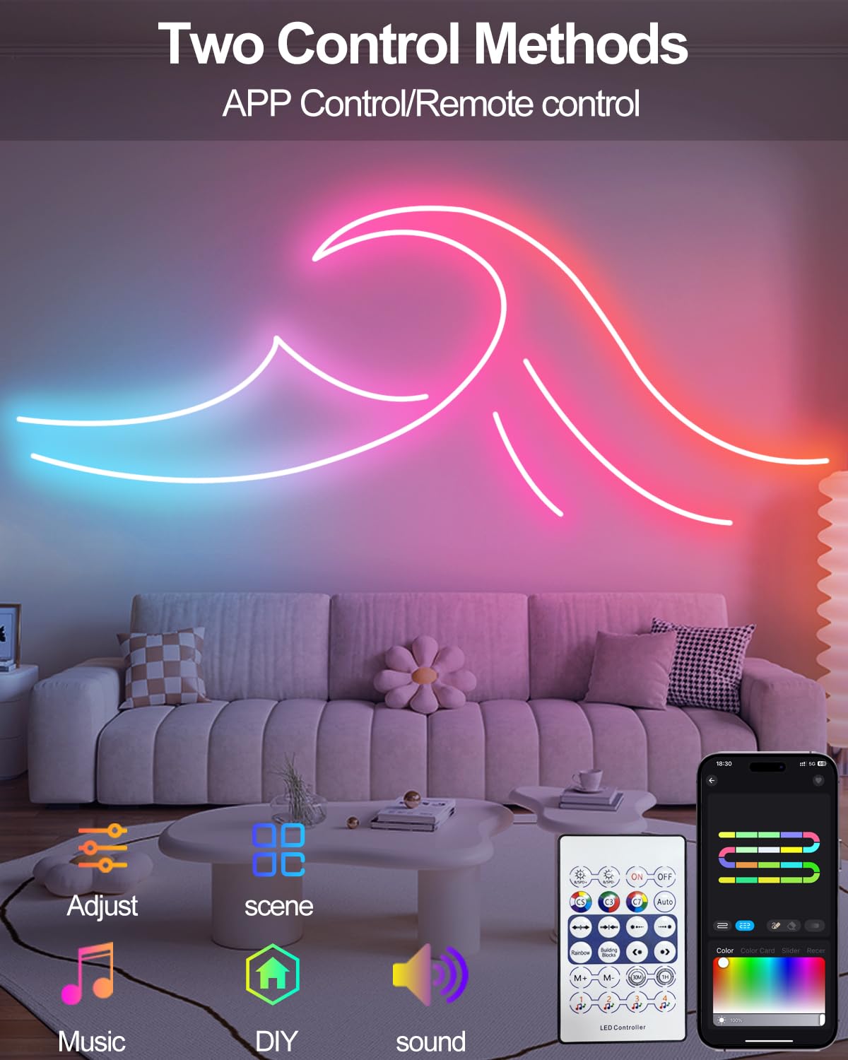 Inteligentne neonowe światła linowe USB, 16,4 m, RGB, LED, zmieniające się kolory, ze sterowaniem aplikacją, wodoodporne taśmy neonowe, wodoodporne, DIY, elastyczna synchronizacja muzyki do pokoju