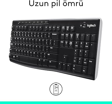 Logitech K270 Wireless Keyboard, Keypad, Liquid Spill Resistant, 10 m Usage Distance, Turkish Q Keyboard, Black