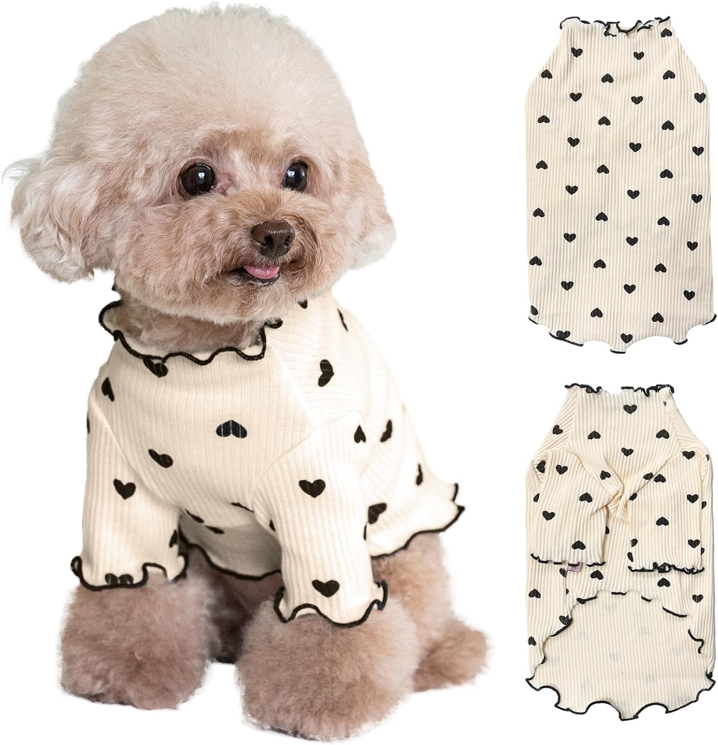 Pet Clothes for Small Dogs Cat Summer Fall Heart Print Shirt Stretchable Ruffle Long Sleeve Outfits for Chihuahua Schnauzer Shih Tzu Yorkie (Coffee, Small)