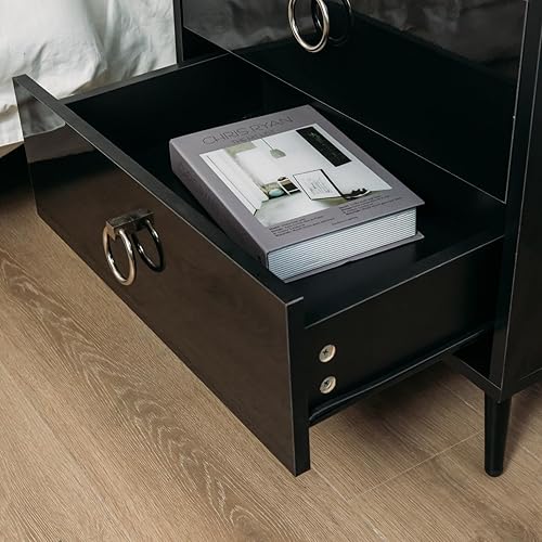 Miniatura 7 de HOMMPA Mesita de noche LED con estación de carga, mesita de noche negra con estante abierto, mesa de noche con 2 cajones, mesita de noche